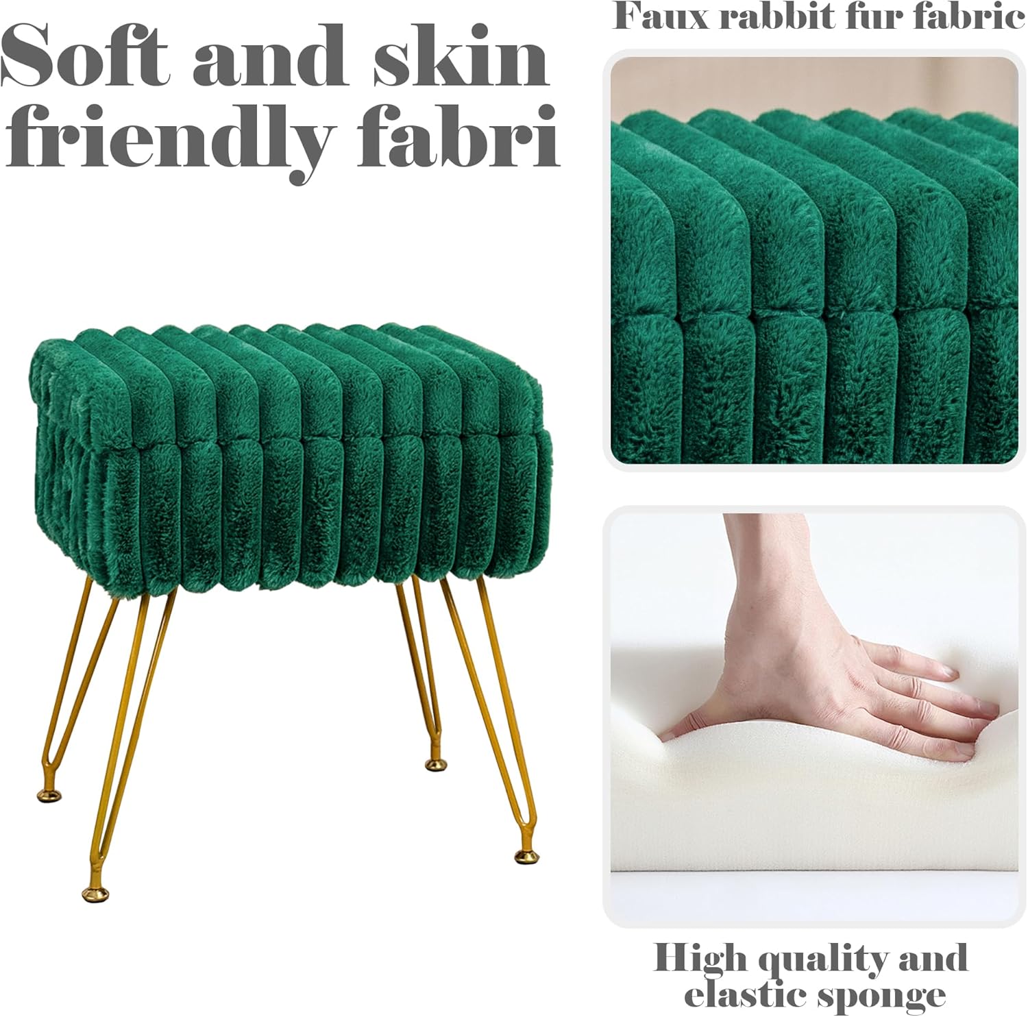 Faux Fur Green Vanity Stool Chair with Storage Ottoman, Vanity Chair for Makeup Room, Vanity Stools for Bedroom, Footrest with Metal Legs and as a Coffee Table, Green