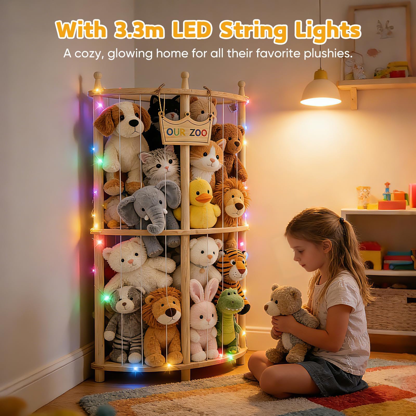 Angolo Porta Peluche 2 Ripiani in Legno Massivo con Luci LED, 96×44×44cm Organizzatore Senza Ruote, Supporto Peluche con Fascia Elastica per Cameretta Bambini, Sala Giochi & Soggiorno