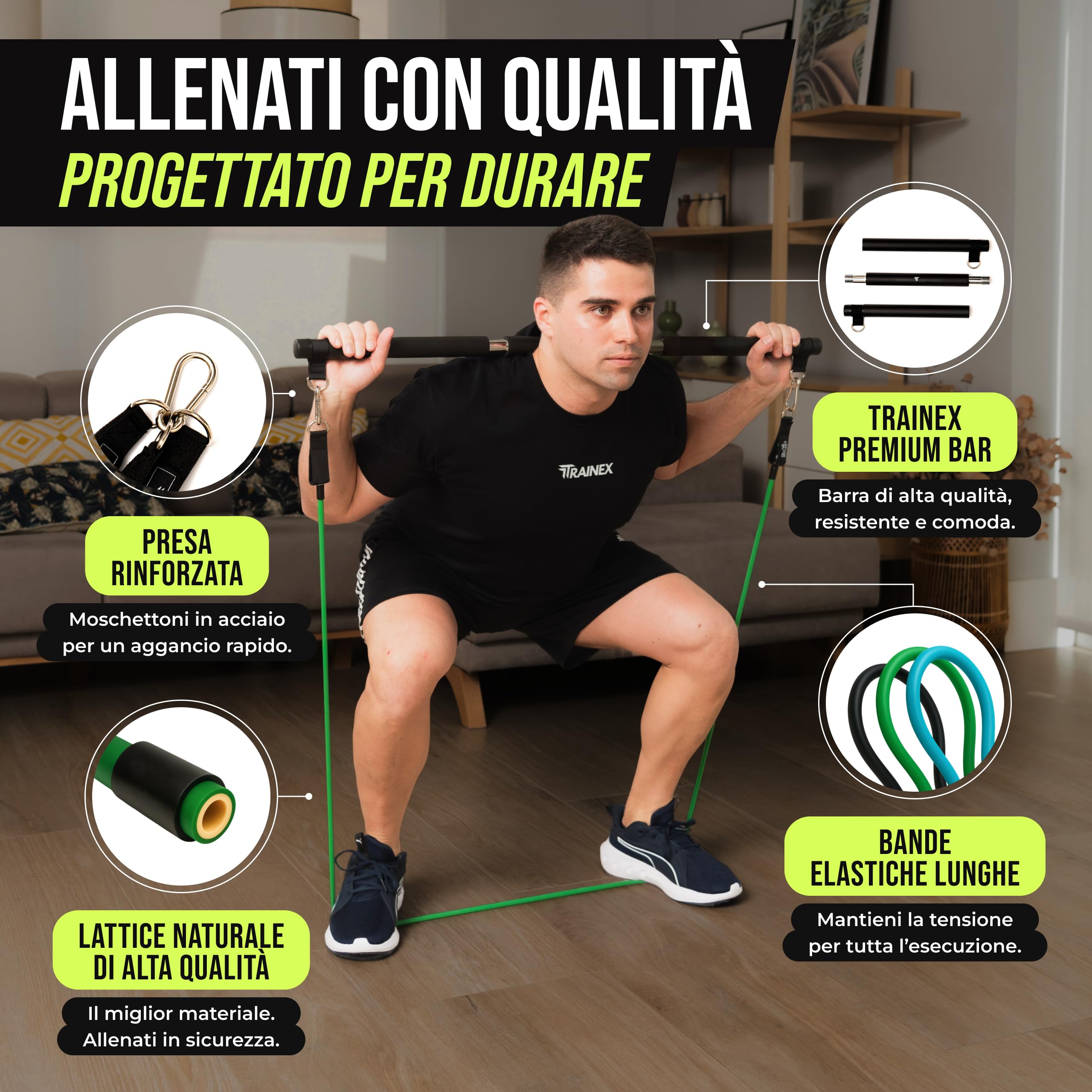 Elastici Fitness con Barra | Bande di Resistenza fino a 100 kg | Kit Allenamento a Casa Completo | Workout Efficace per Tutto il Corpo | TRAINEX