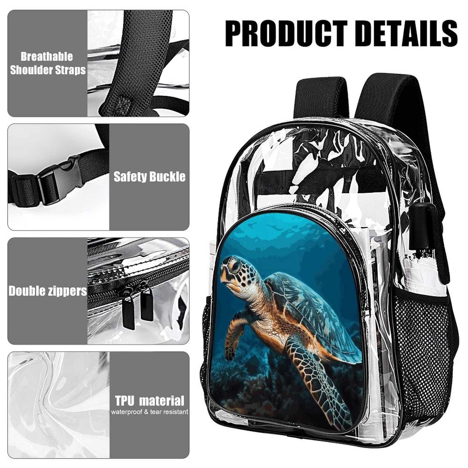 Sea Turtle2 Transparenter Rucksack, groß, transparent, PVC, Büchertasche für Sicherheit, Arbeit, Reisen, Stadion
