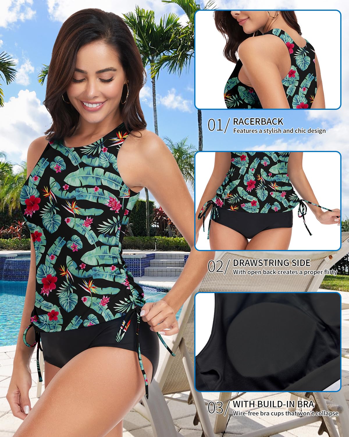 WOWENY Maillot de Bain Tankini pour Femme - Haut de Bikini - Dos croisé - Séchage Rapide - Rembourré