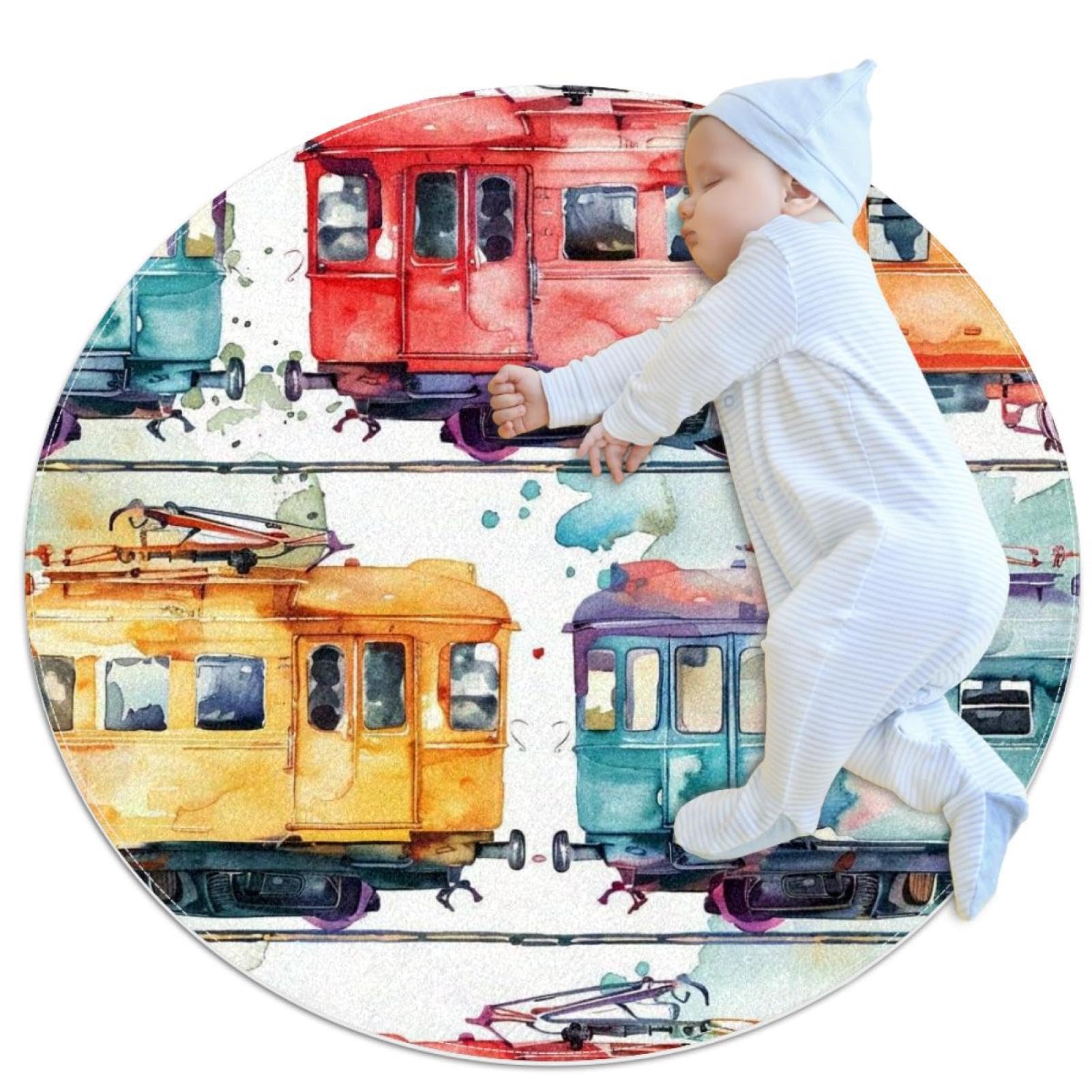 Tapis de salle de bain train aquarelle rond 1m antidérapant pour chambre