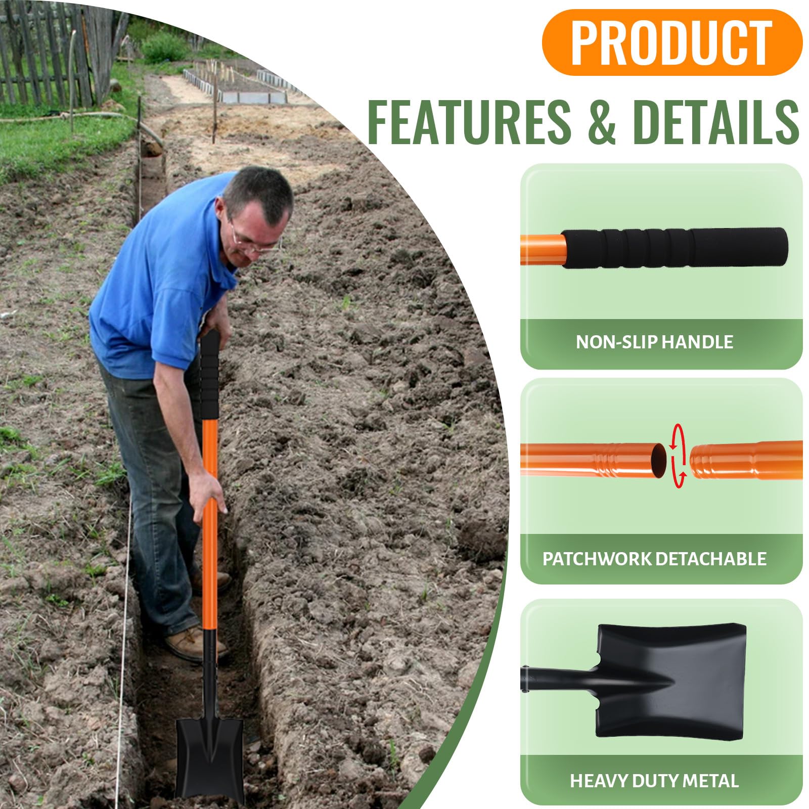 Piccole pale da giardino per scavare, piccola pala quadrata con manico in metallo da 110 cm, mini pale piatte per giardinaggio, piantare, scavare, paesaggistica, campeggio, pala da spiaggia per