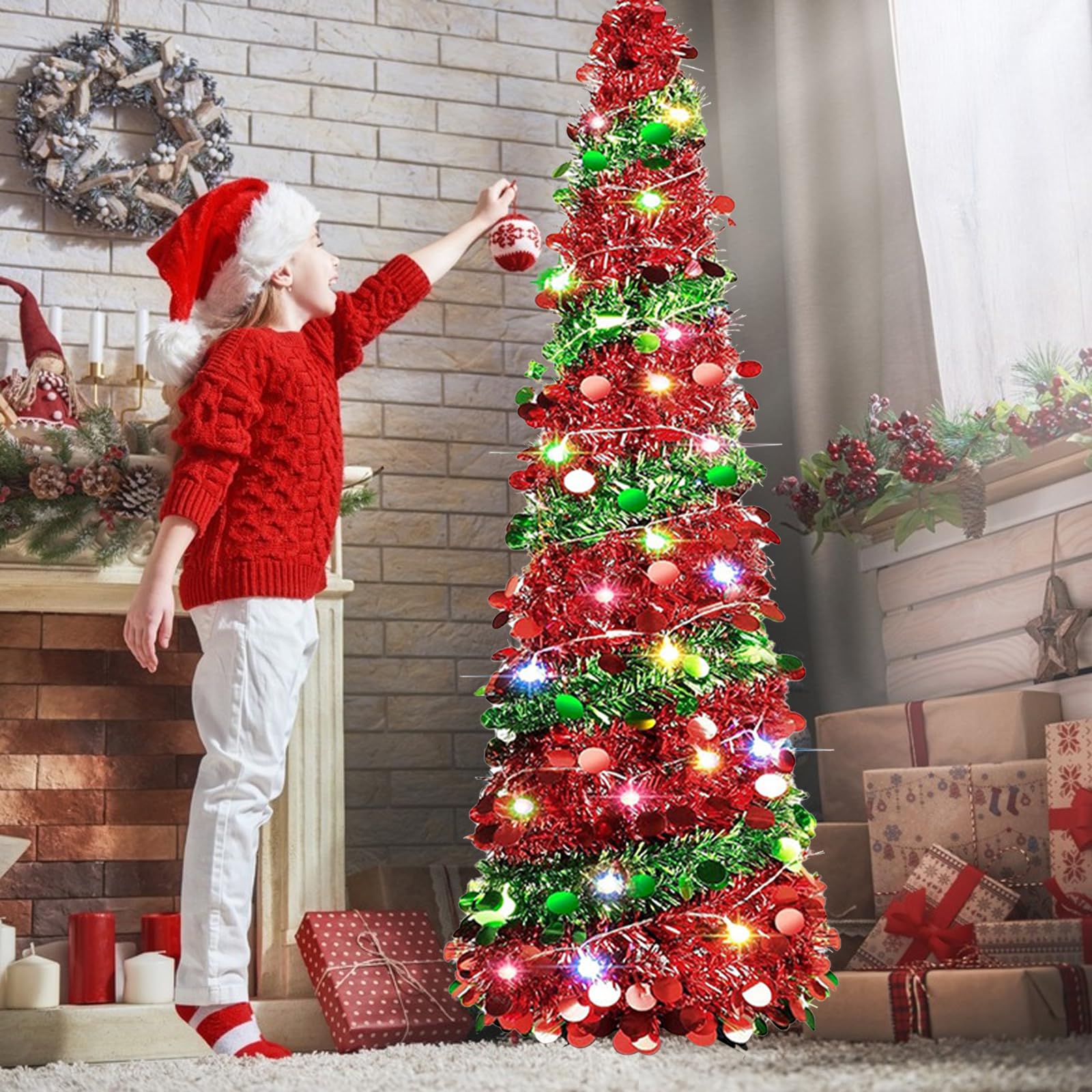 Opvouwbare kunstkerstboom, 1,5 m kerstboom met 100 LED-verlichting, pop-up grote pailletten, kunstboom voor Kerstmis, vakantie, feest, carnavalsdecoraties (roze en wit