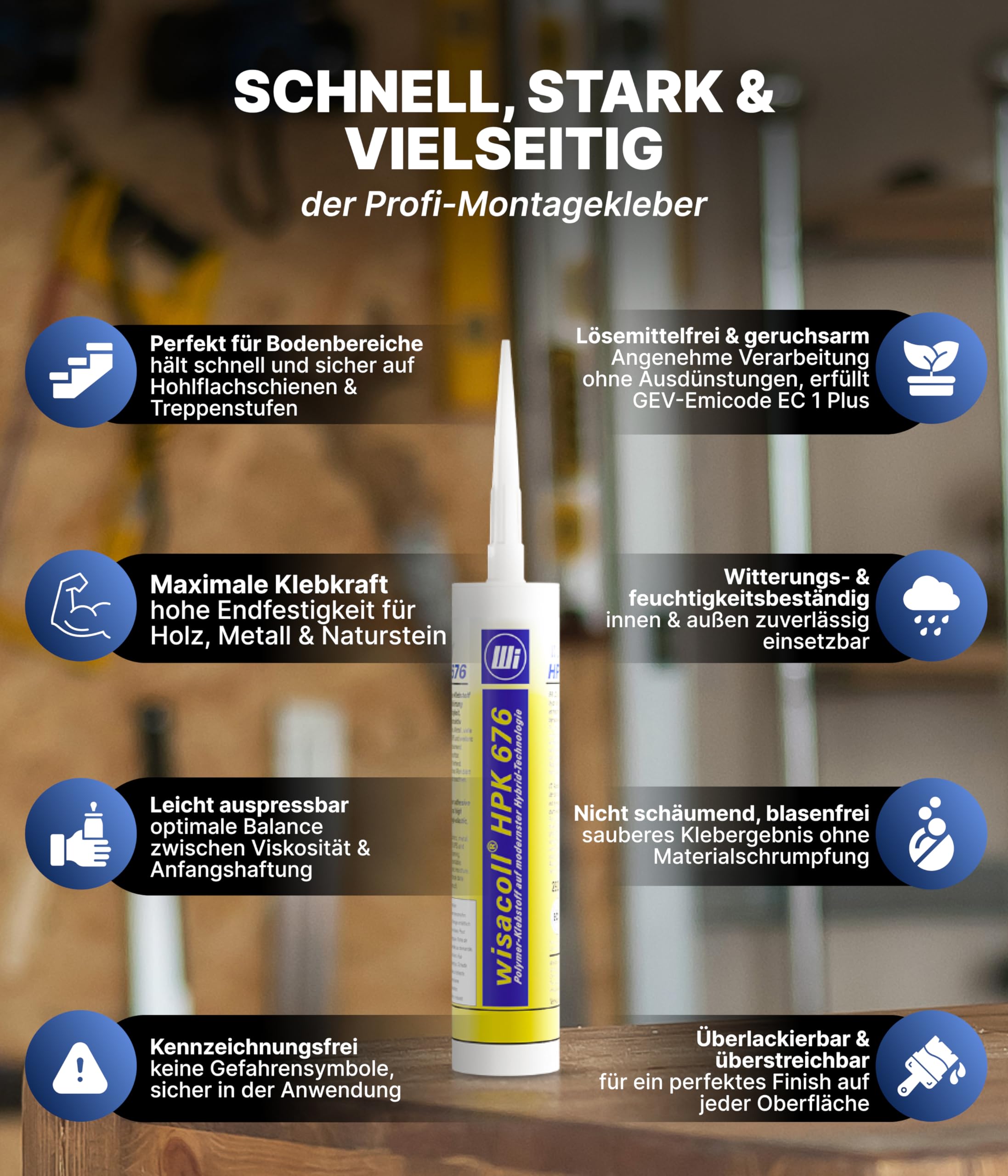 Wisabax® Wisacoll HPK 676 – Minutenkleber auf Hybrid-Polymer-Basis [12 x 290 ml] – extra schneller Montagekleber – hohe Endfestigkeit – bleibt zähelastisch bis halbhart – für Holz, Metall & Naturstein