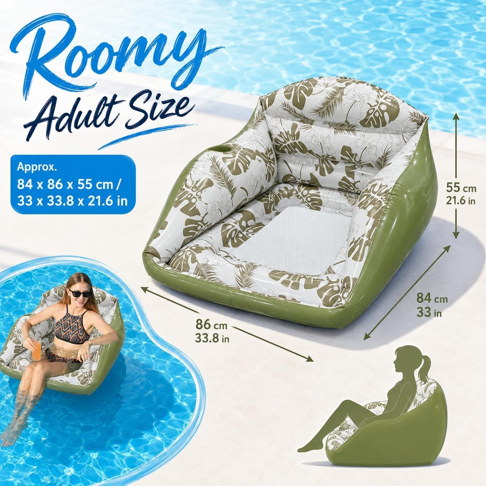 Fauteuil Gonflable de Piscine 3 en 1 avec Porte-gobelet, canapé Flottant Adulte, siège Filet rafraîchissant pour Plage lac fête été
