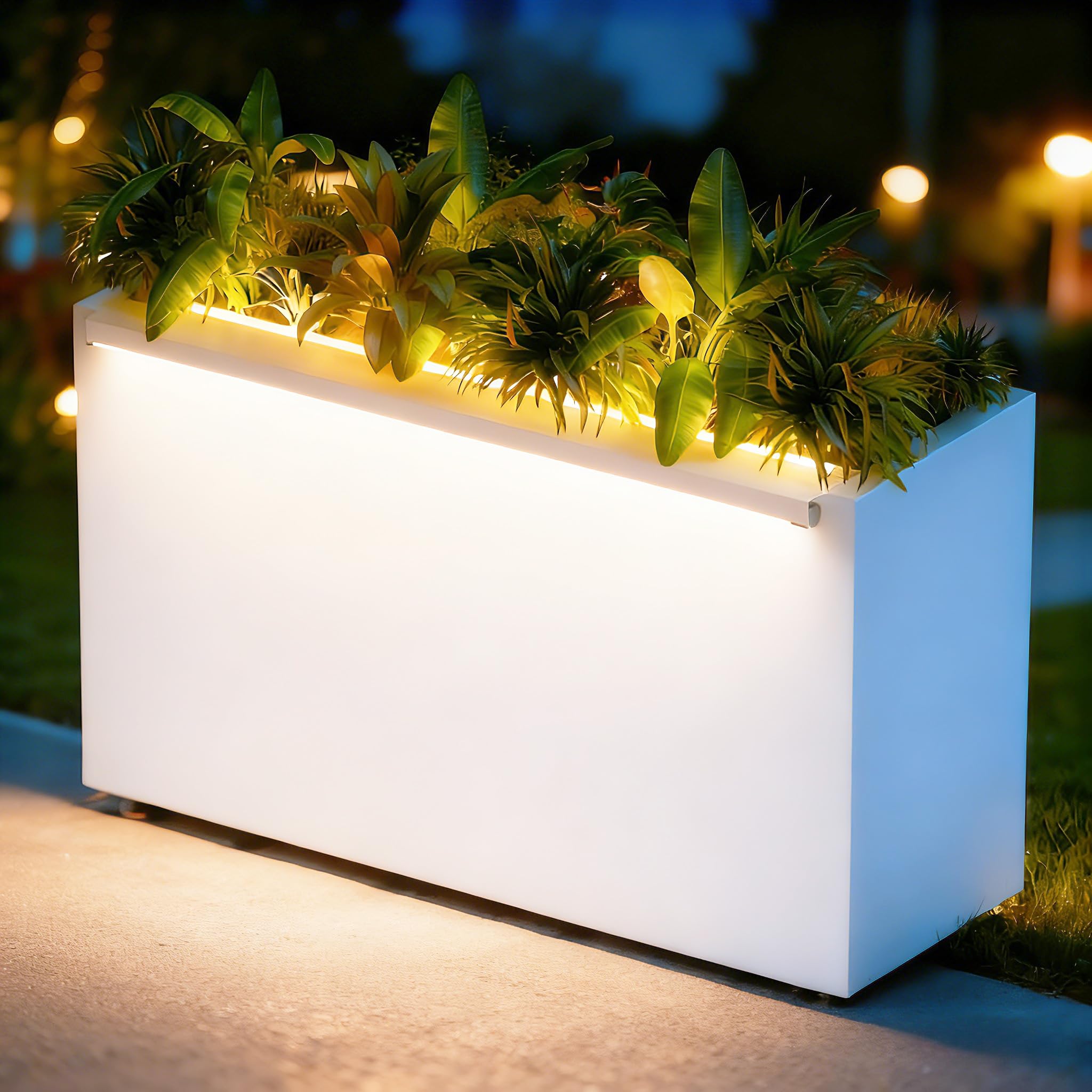 GSK 30" L White LED Metal Planter with Light Outdoor Illuminate Magnetic 3000K Lighting Strips Rectangular Flower Box Rectangle Trough Drainage Holes