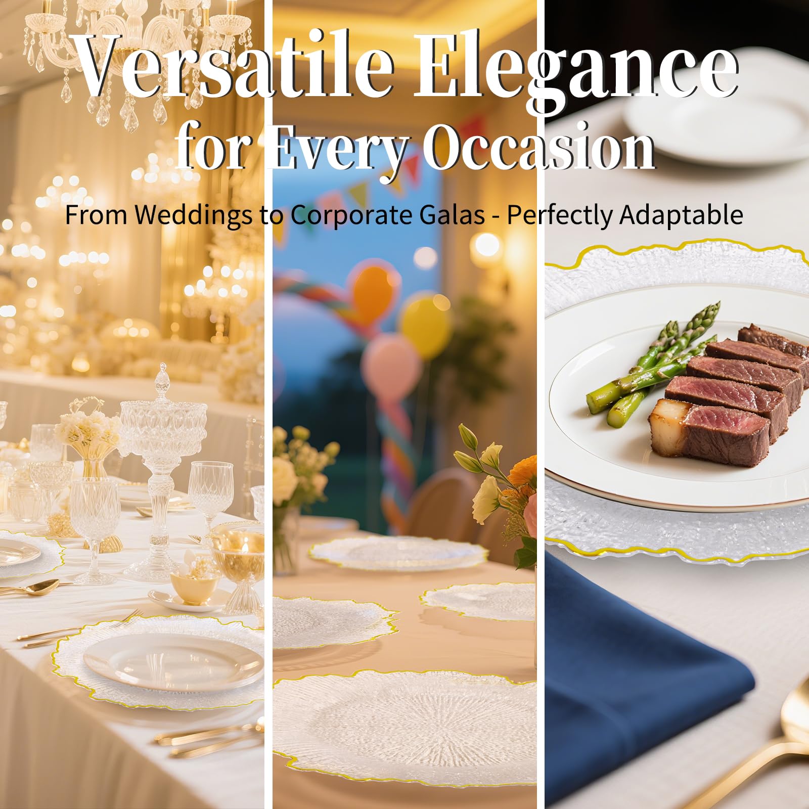 Lot de 10 assiettes transparentes en plastique de qualité supérieure pour mariage - 33 cm - Bord doré - Motif récif de flore - Assiettes décoratives pour événements et fêtes