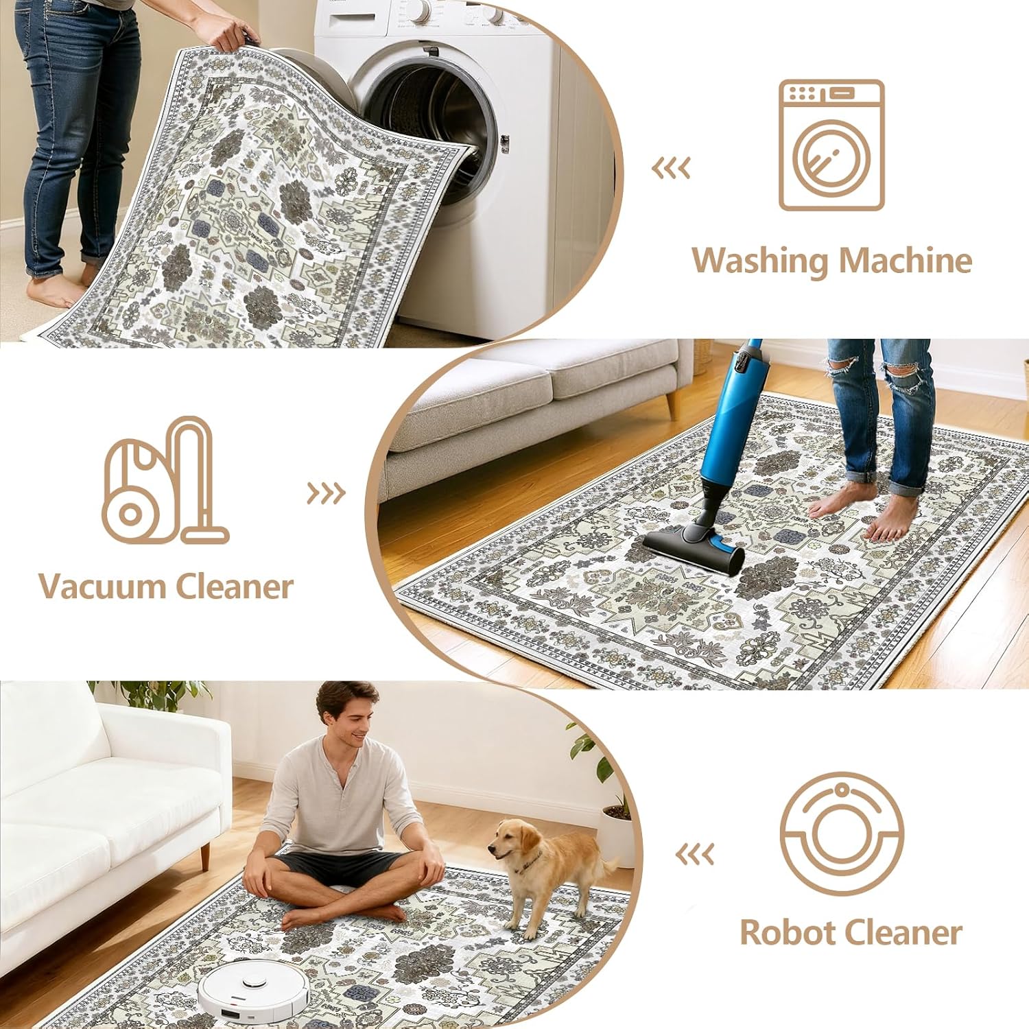 Round Rug 4ft Vintage Boho Small Circular Rug Washable Circle Rug Non-Slip Low Pile for Bedroom Kids Room Office Entryway College Dorm Bathroom, Beige