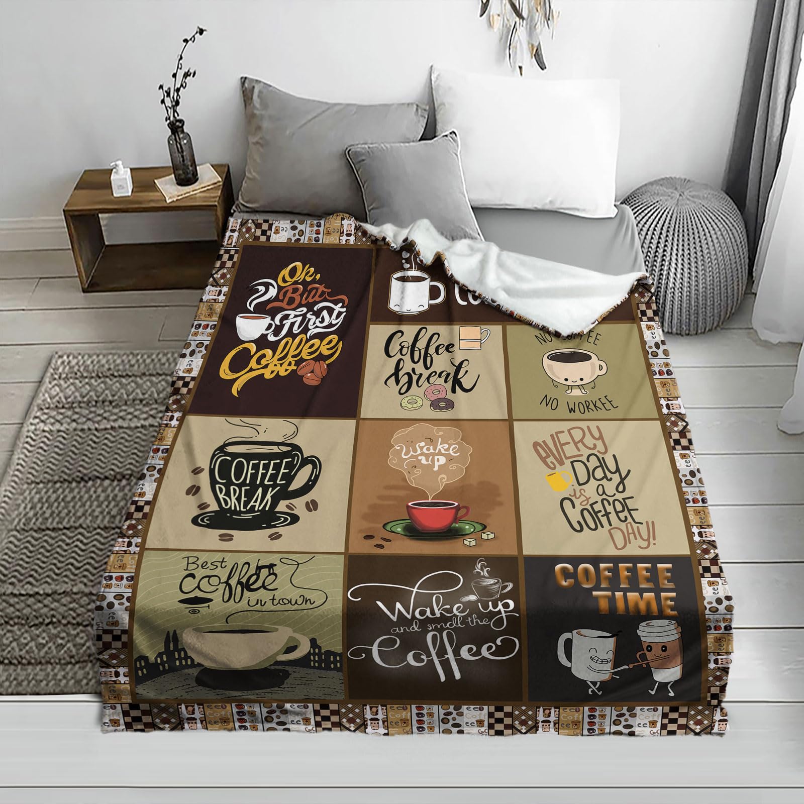 Coperta Morbida Con Gnomo Del Caffè 'My First Coffee' - Plaid In Flanella 150x152 Cm Per Divano E Viaggio - Regalo Divertente Per Amanti Del Caffè E Amici