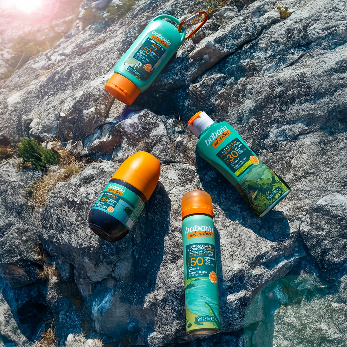 Babaria - Mgiełka do twarzy z filtrem przeciwsłonecznym 50 - limitowana edycja Adventure | Ochrona przeciwsłoneczna na twarz 50 75 ml | Nawilża i chroni aloesem i niacynamidem | Mgiełka Słoneczna o