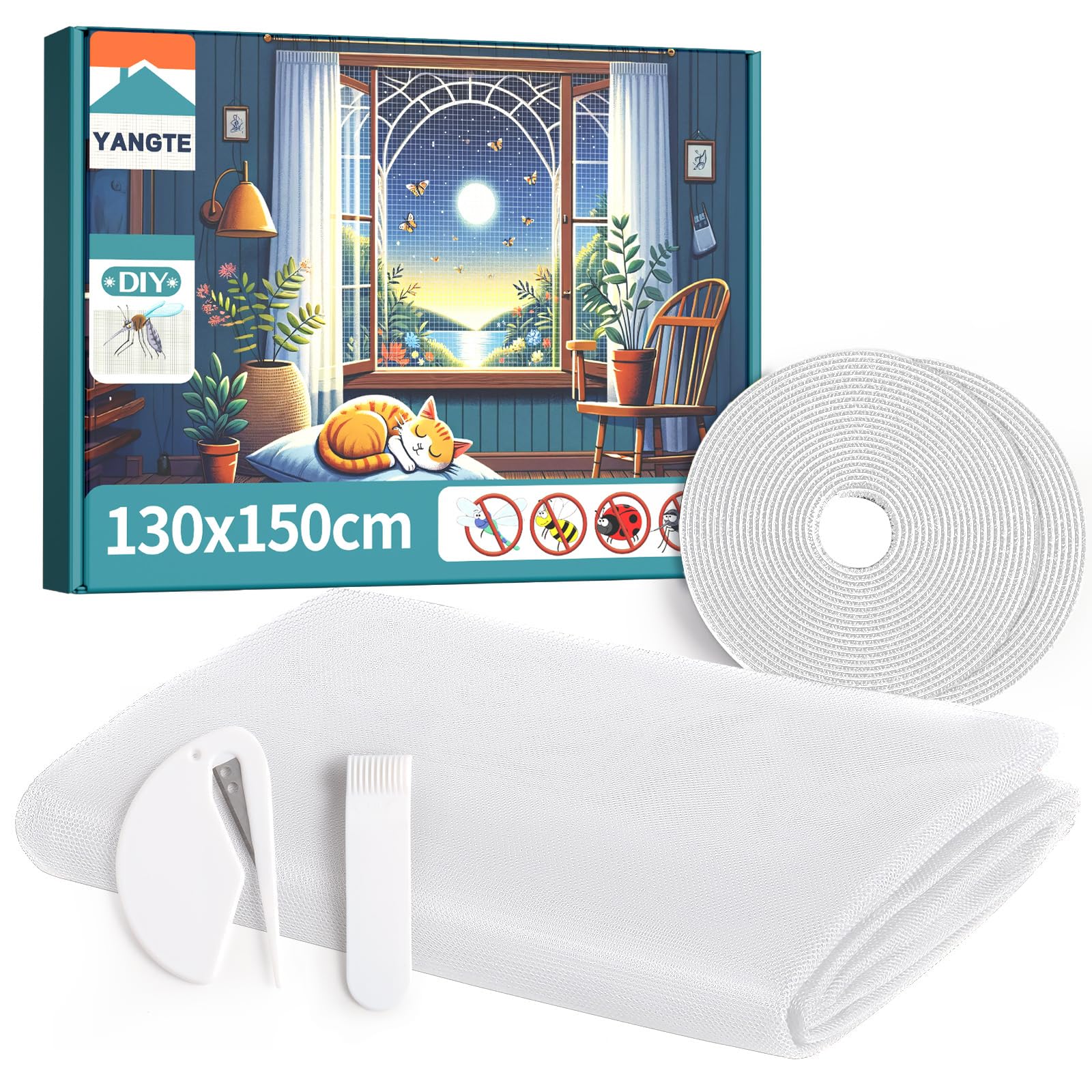 YANGTE 2 Packs Fly Screens for Windows, Window Netting for Insects 130x150 cm, with 2 Rolls Stronger Self-Adhesive Tapes & Cutter, White