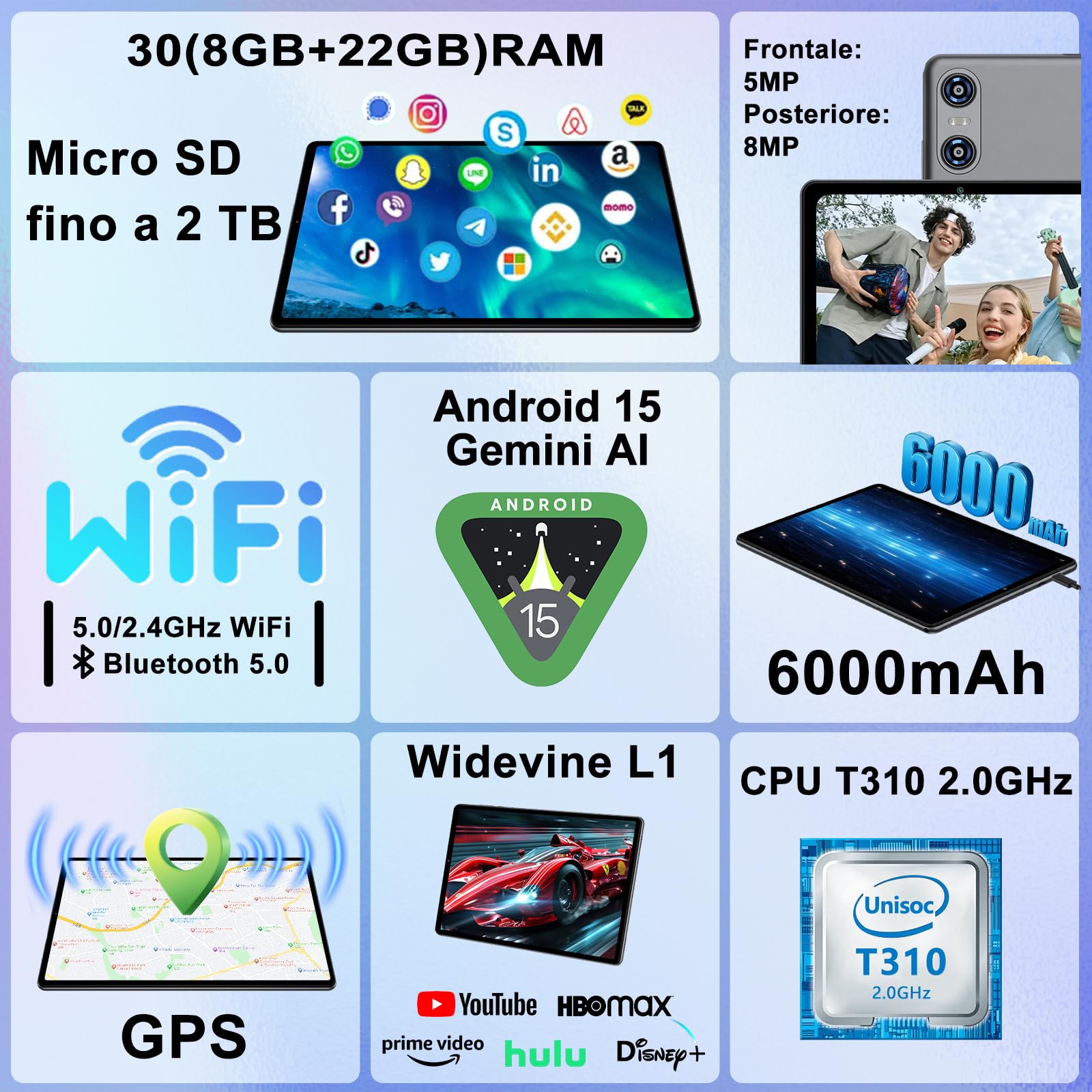 Tablet 10 Pollici Android 15 con Gemini AI, 30GB RAM + Espandibile 2TB ROM, Octa-Core, Widevine L1, WiFi 5G, BT5.0, Fotocamere 8MP/5MP, 6000mAh, con Tastiera, Mouse e Custodia – Grigio