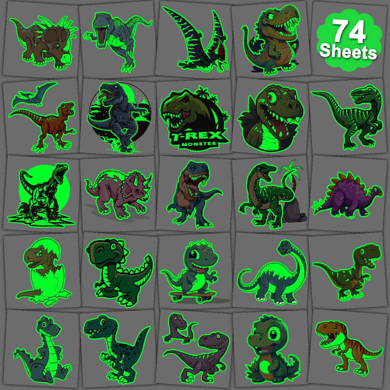 CHARLENT Glow in The Dark Dinosaur Temporary Tattoos for Kids Luminous Dinosaur