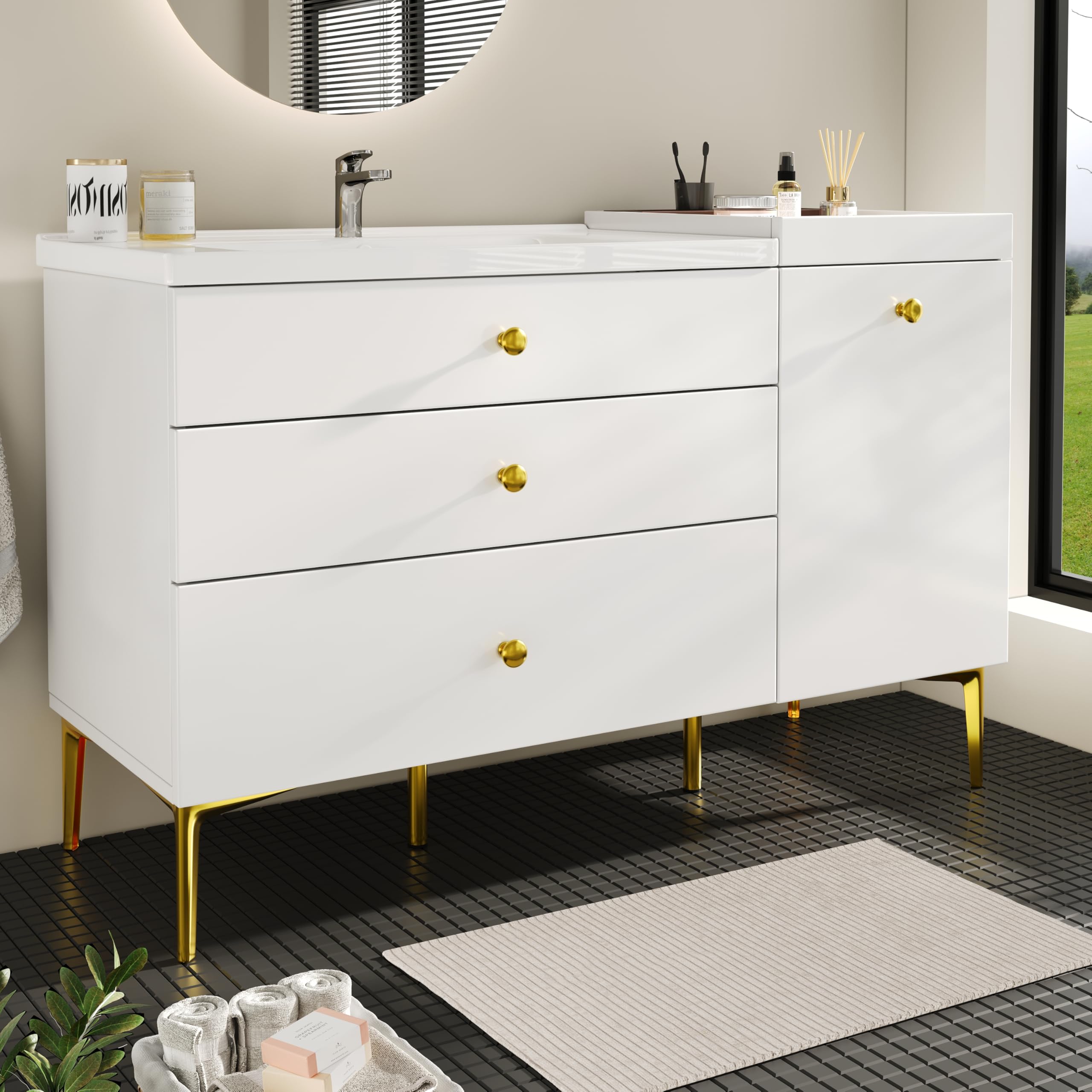 SUKY Armadietto da bagno con lavabo in ceramica, mobiletto da bagno con cassetti e armadio, moderno mobile da bagno, 120 x 47,5 x 80 cm, bianco con oro