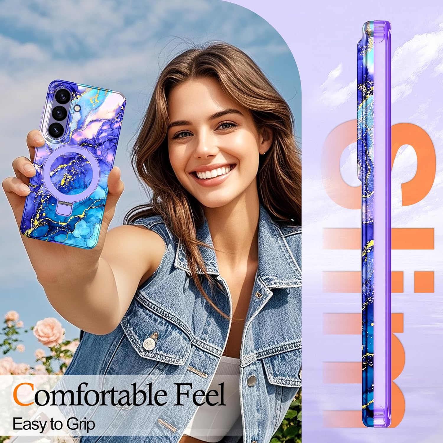 for Samsung Galaxy S26 Case, [Magnetic Invisible Stand] [Compatible with MagSafe] [Military Grade Drop Protection] Slim Glossy Marble Pattern Back Shockproof Protective Cover, Purple