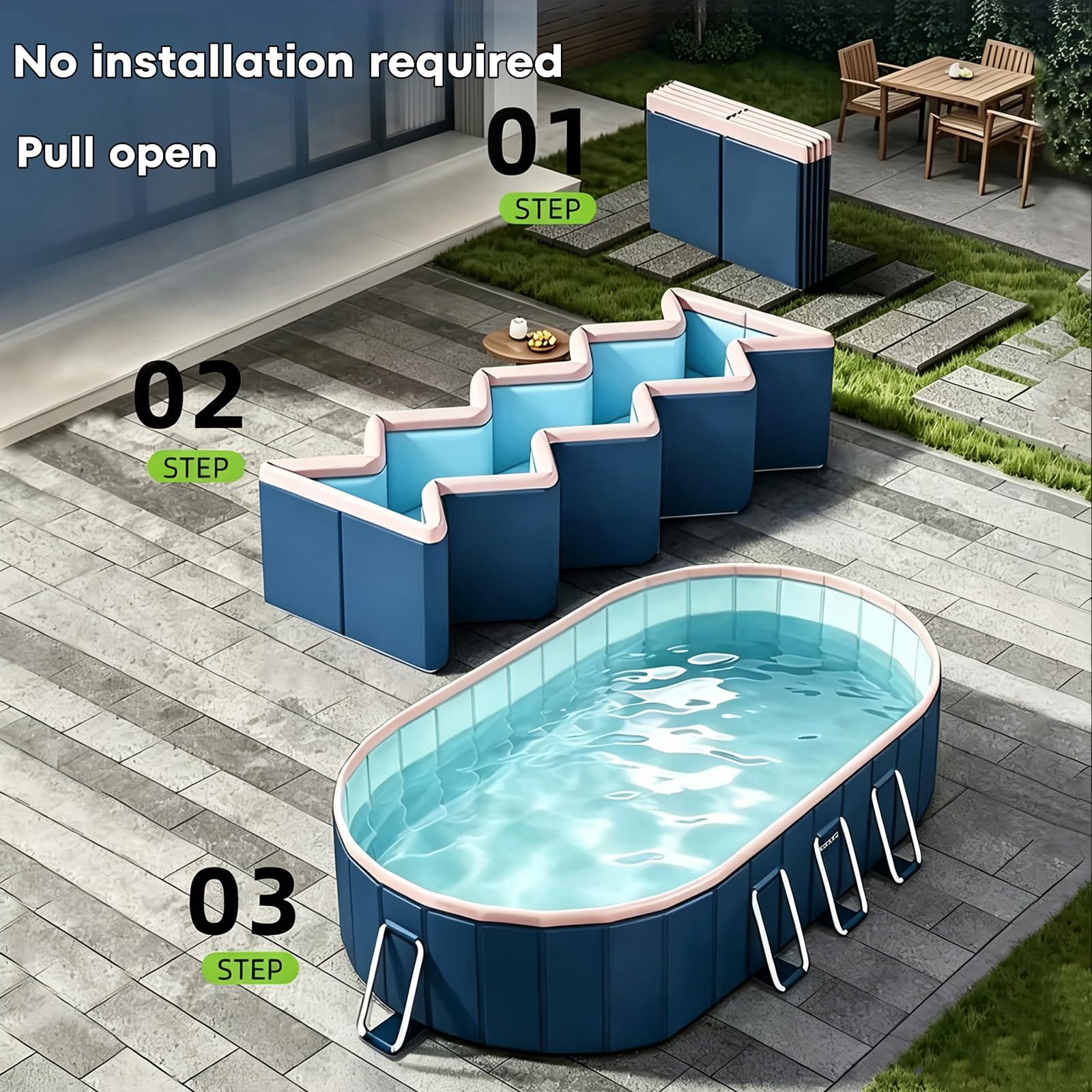 Piscina Plegable para Jardín – No Hinchable, Estructura De Acero Anti-abultamiento, PVC De Alta Densidad, Doble Drenaje, Sin Montaje, Portátil para Adultos Y Mascotas