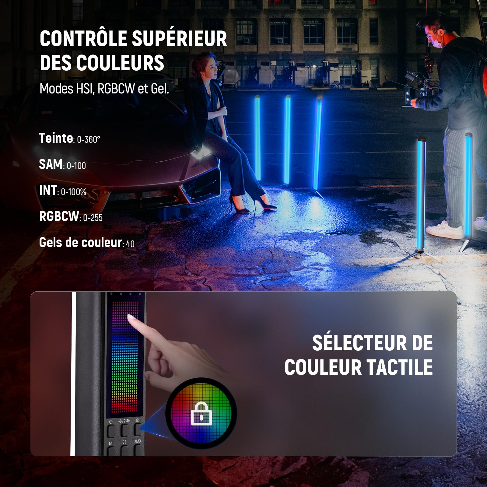 NEEWER TL60 Tube Éclairage Vidéo RGB, Lampe Vidéo LED Portable RGBWW pour Photographie, Bâton Lumineux avec 2,4 G APP Contrôle/DMX, 7 Effets Pixels, 18 Scènes, 2500K-10000K TLCI98+, Batterie 3000mAh
