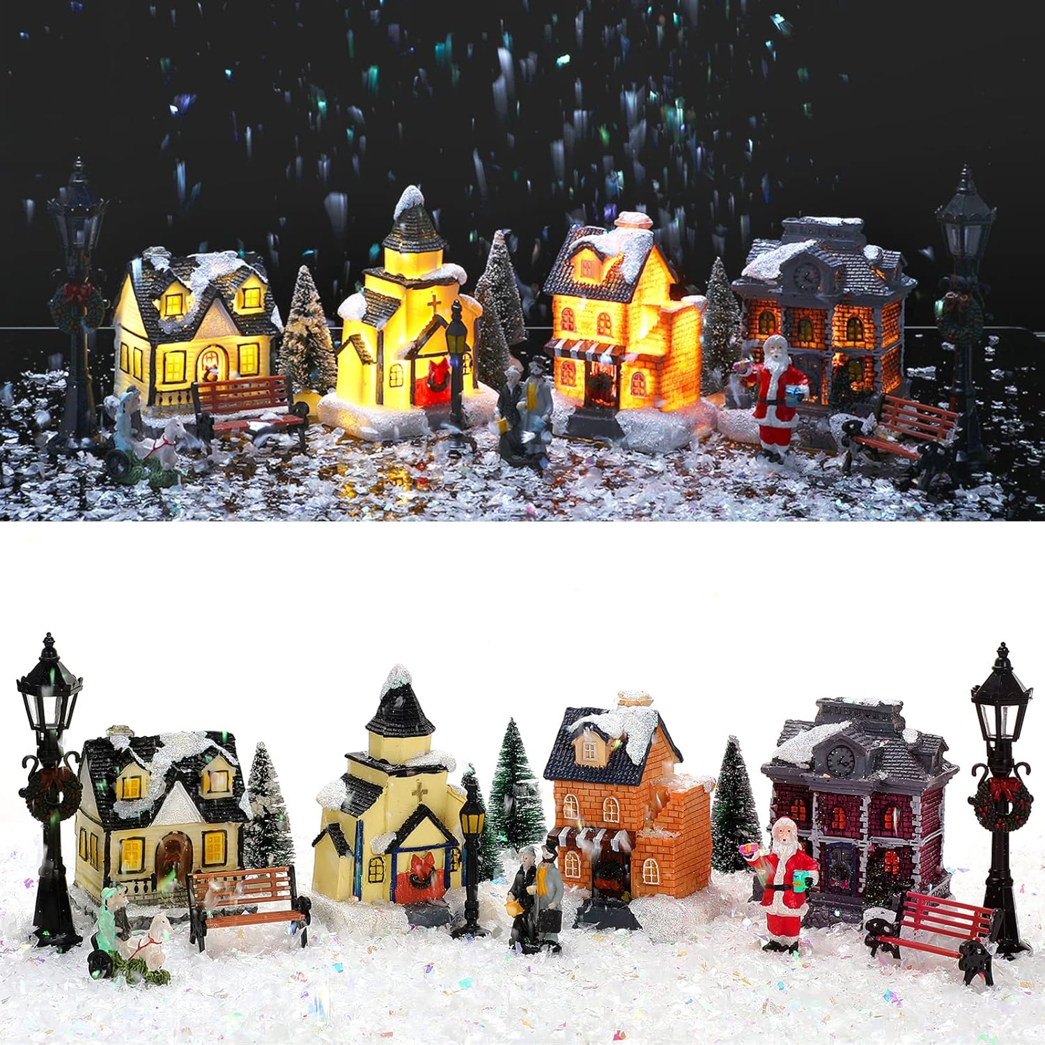 Queekay 17 Pcs Resin Lighted Christmas Village Houses with Figurines Town Set Christmas Village Accessories Collectible Buildings Xmas Winter Decorations for Indoor Room
