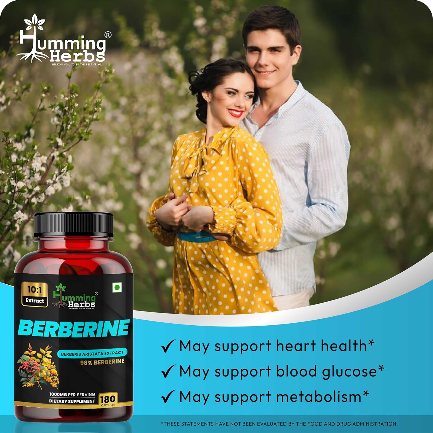 Humming Herbs Berberine 1000mg – Berberis Aristata Extract 10:1 Standardized to 98% Purity - 180 Vegan Capsules, Non-GMO, Gluten-Free