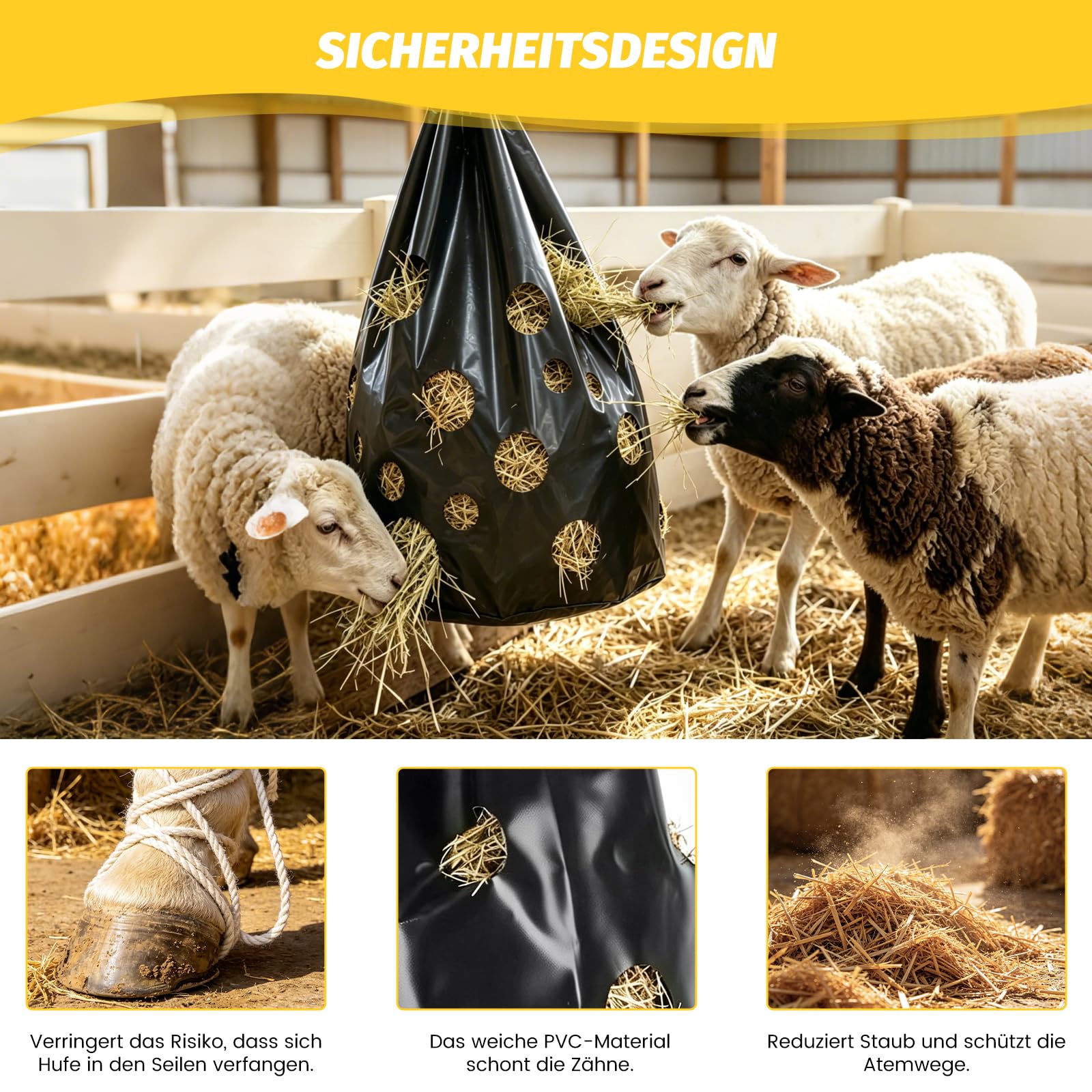 Heunetz für Pferde, 88L Heusack für Pferde zum langsamen Fressen, 70 x 40cm Heunetz mit 16 kleinen Öffnungen (8 cm) & 3,3 M langes Seil, verhindert Futterverluste & reduziert Stress