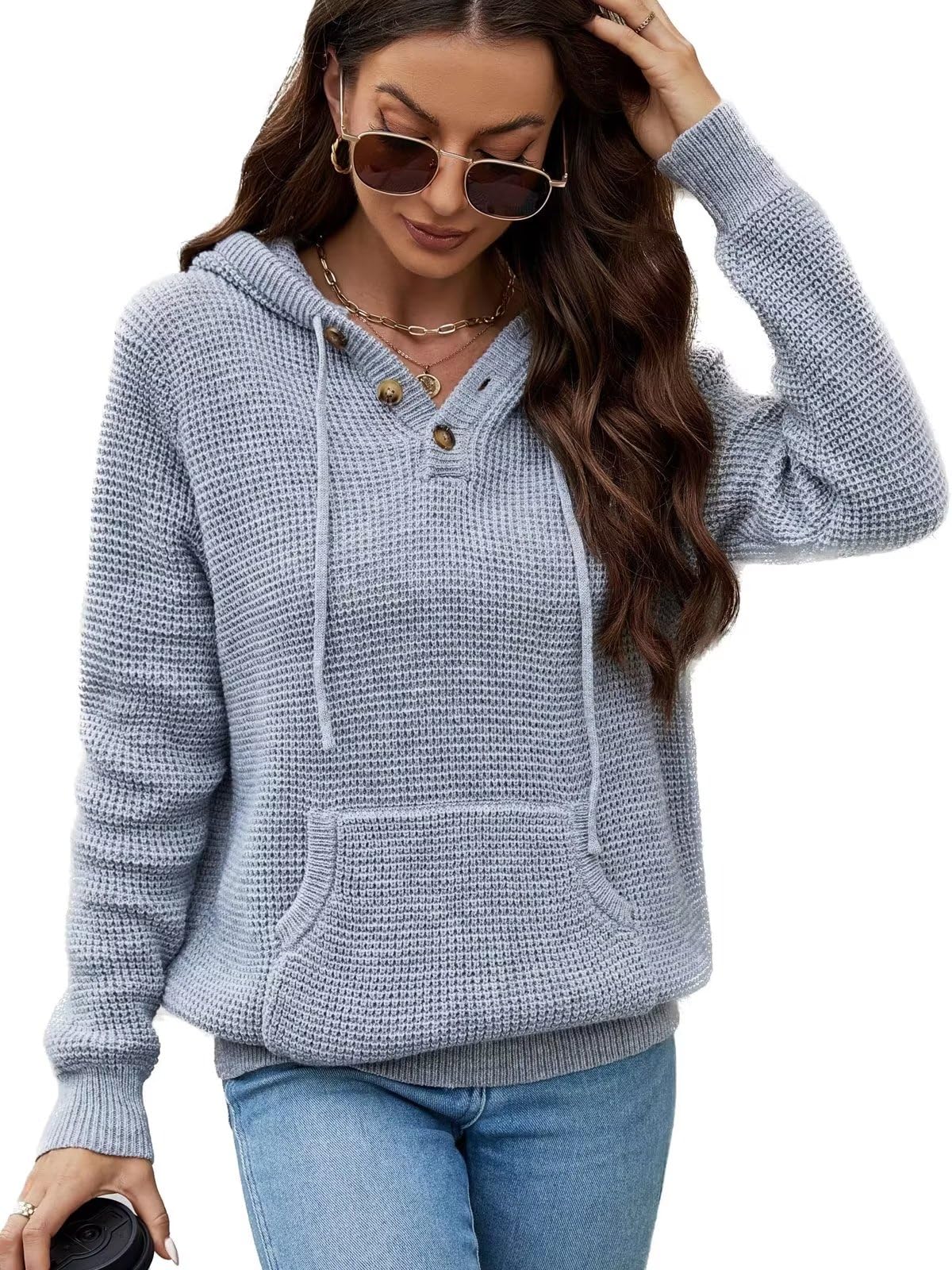 CiCiBird Women's Fall Hoodies Sweater V Neck Waffle Knit Top with Pocket