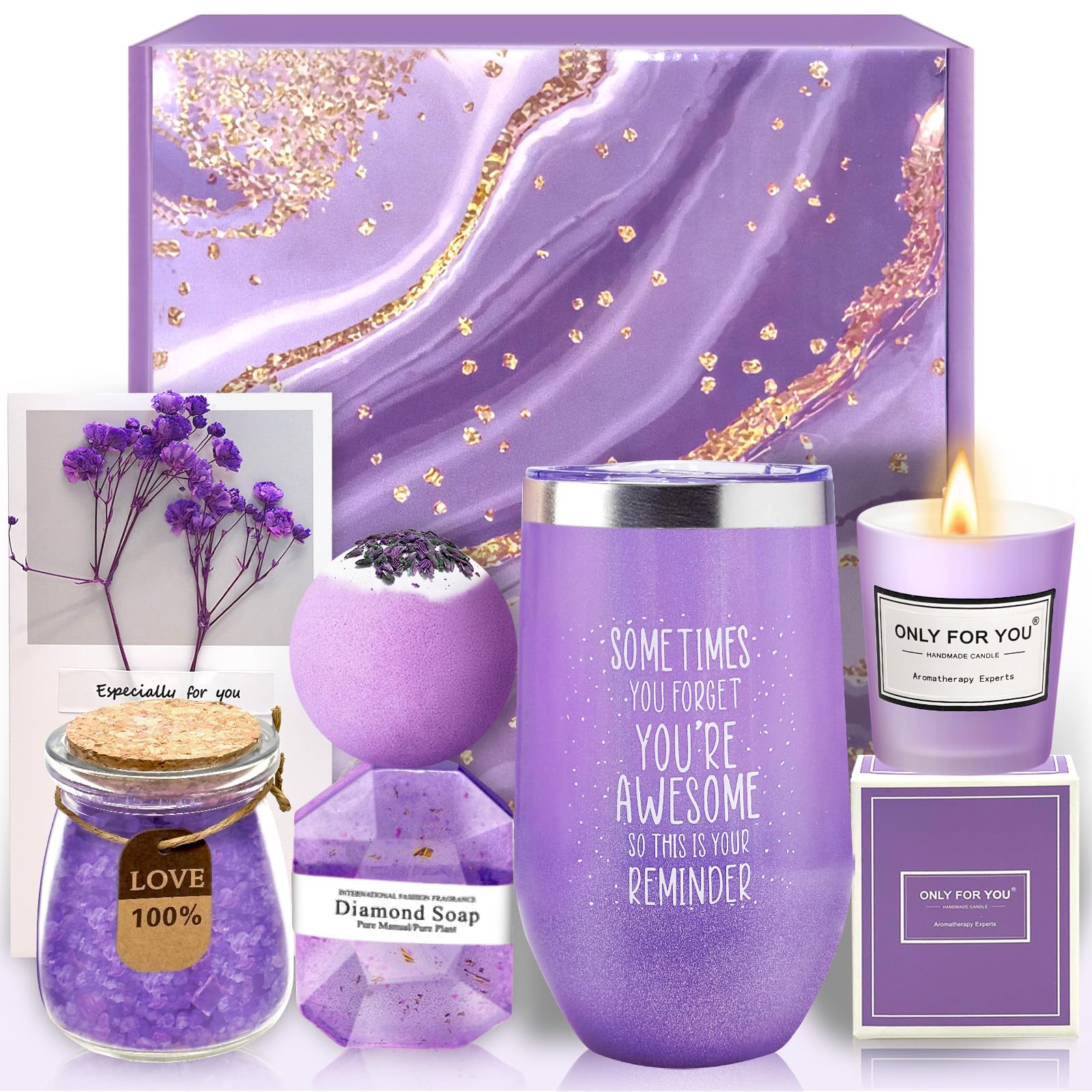 Gifts for Women - Spa Gift Basket & Tumbler Set - Perfect Mothers Day, Birthday, Christmas, Stocking Stuffers, Valentines Day Gifts for Her - Women, Wife, Girlfriend, Friends, Sister, Mom (Purple)