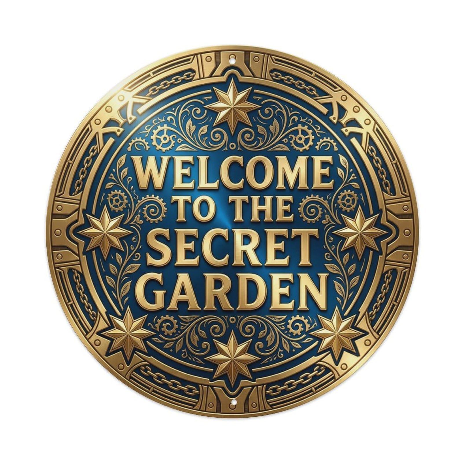 Vintage Welcome Secret Garden Gold Sapphire Etched Metal Tin Sign