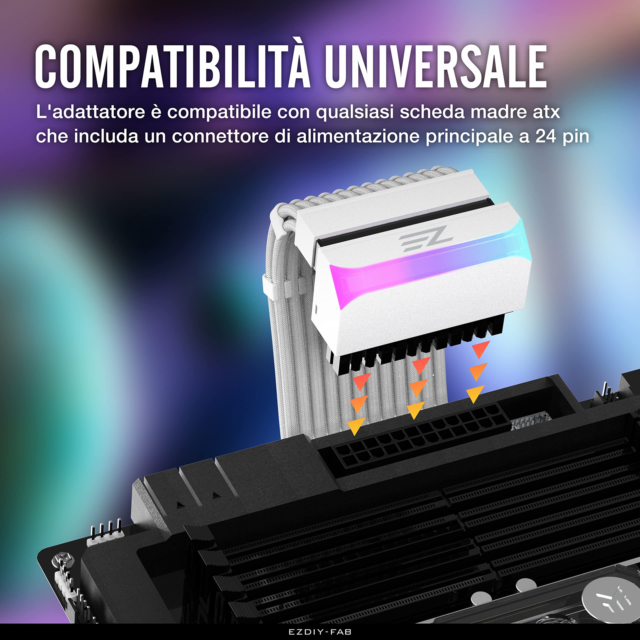 EZDIY-FAB ATX 24-Pin 90 Gradi Connettore di Alimentazione 5V 3 Pin ARGB Rainbow Femmina a Maschio Adattatore di Alimentazione per Scheda Madre del Computer ATX Power Supply-1Pack Bianco