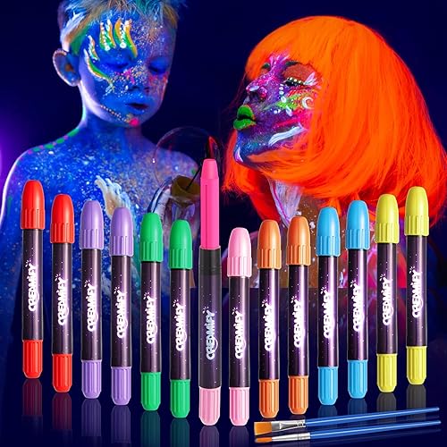 14 piezas de pintura facial que brilla en la oscuridad, pintura facial y corporal de neón de luz negra de Creamify para mascarada, kit de crayones