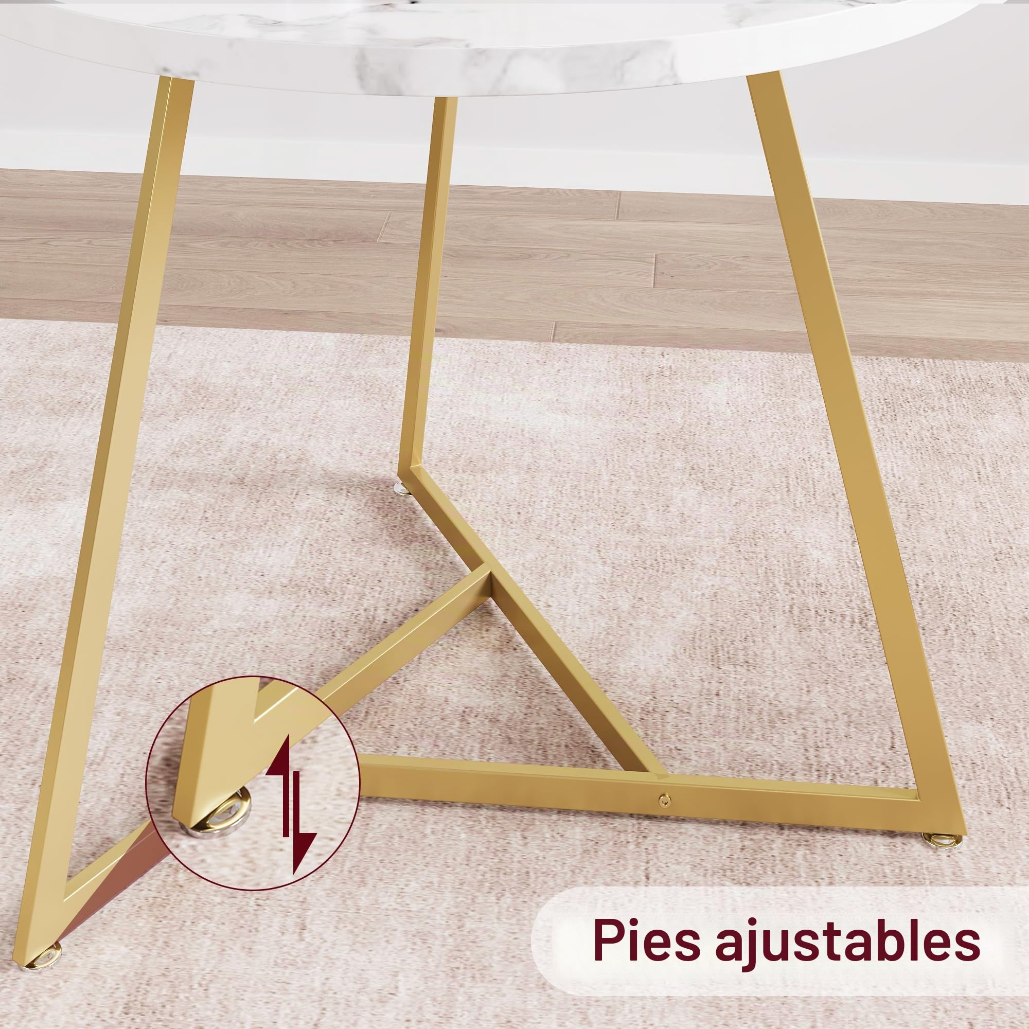 Garvee Mesa Comedor, Mesa de Comedor Redonda con Sillas, Estructura Principal Dorada y Superficie de Mármol Blanco, Ideal para Familia, Uso en Cocina y Salón Interior para Comidas Diarias