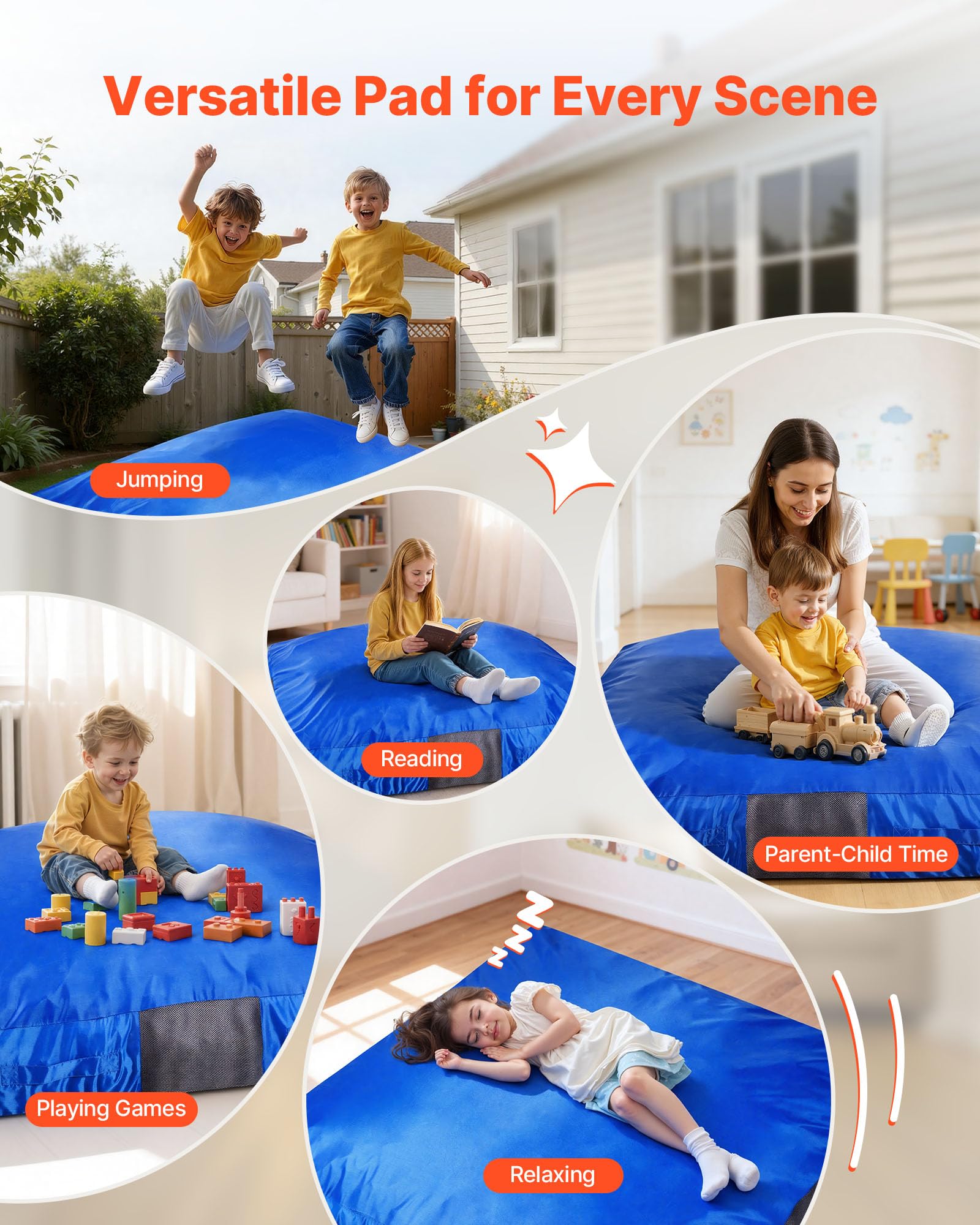 VEVOR Crashpad 150 x 150 cm, Kindermatte mit Schaumstoffblöcken & Waschbarem Bezug, Weiche Schaumstoff-Landezone, Fallschutzmatte, Ausstattung für Sinnesräume zum Springen Entspannen Spielen Blau