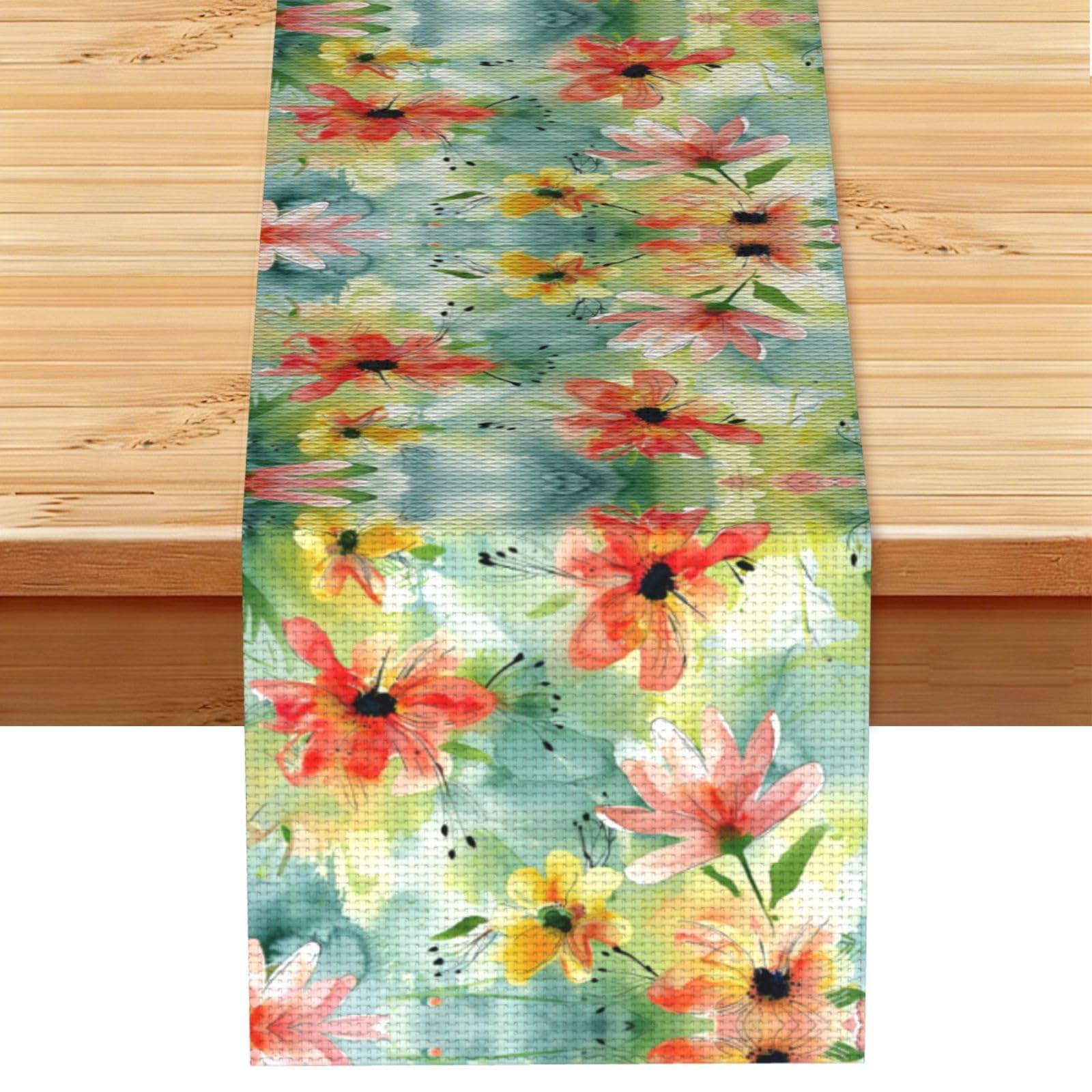 Fluid Red Watercolor Blooms Printed Table Runner 13 x 72, Wrinkle Resistant Decor for Dining Table Coffee Table Fireplace