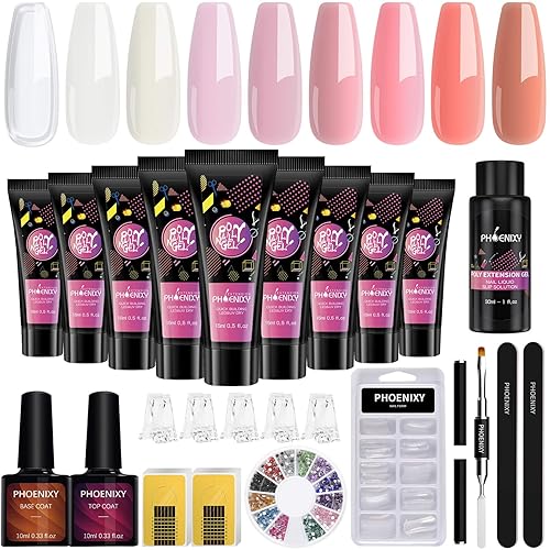 Phoenixy - Kit de gel de uñas de polietileno kit de gel de extensión de 9 colores kit de iniciación de manicura de gel de uñas kit de inicio de