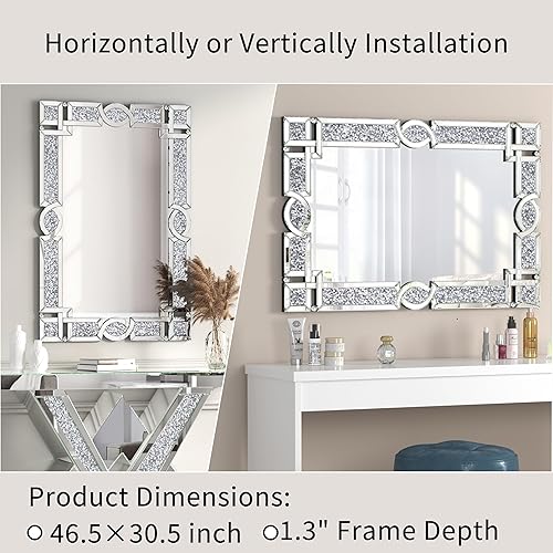Miniatura 4 de ENENE Espejos de Pared de Diamante Crystal Crush 46.5''x30.5'' Espejos Rectangulares Plateados para Pared Decorativos Espejos de Pared Grandes para