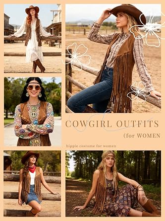 Verceco Cowgirl Outfits for Women Western Retro Cow Girls Costume Country Fringe Vest and Cowboy Hat 6 PC 70s Hippie Outfit