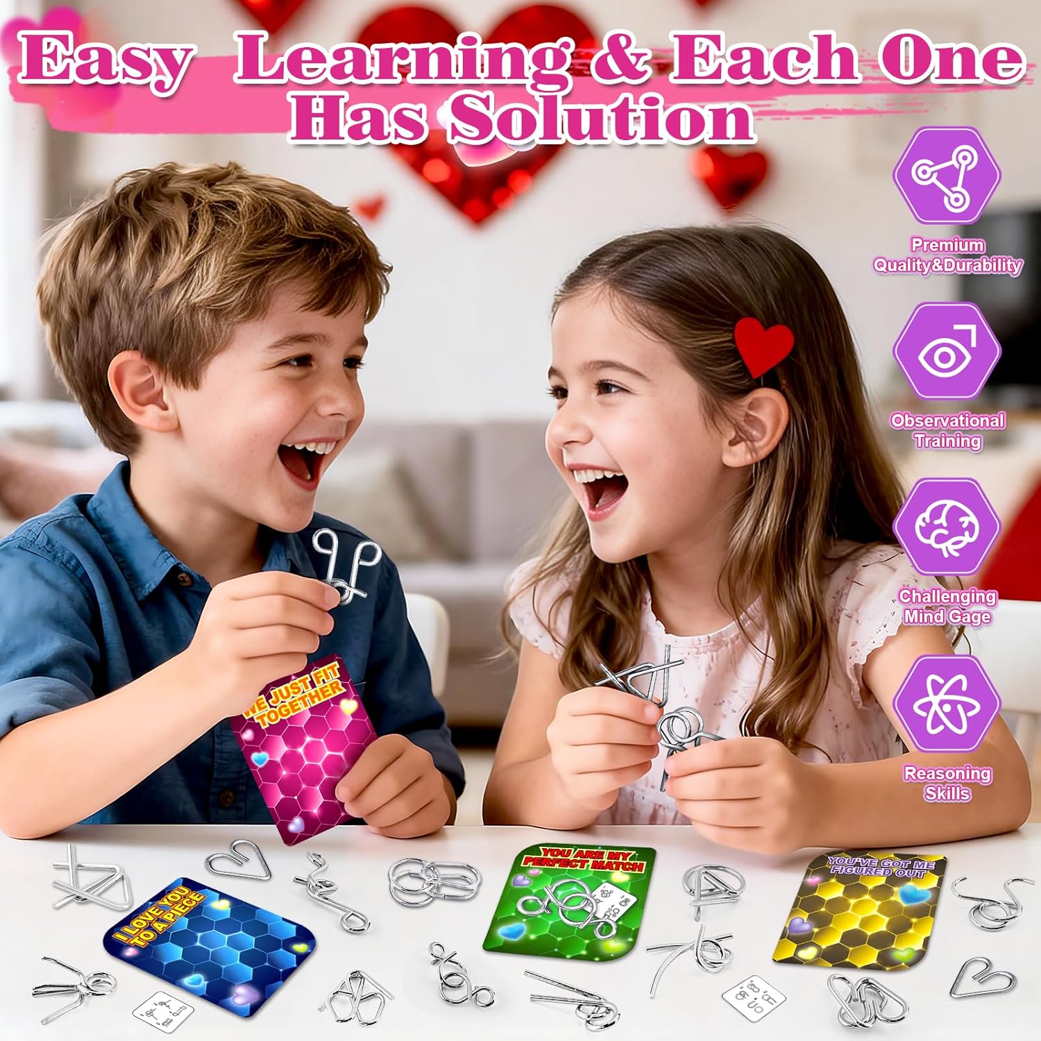 AuroTops 24 Pack Valentine Cards for Kids with Metal Brain Teaser Puzzles,Kids Valentines Day Gifts for School,Valentines Day Party Favors,Classroom Exchange Gift,Fidget Toys Bulk,Classroom Prizes