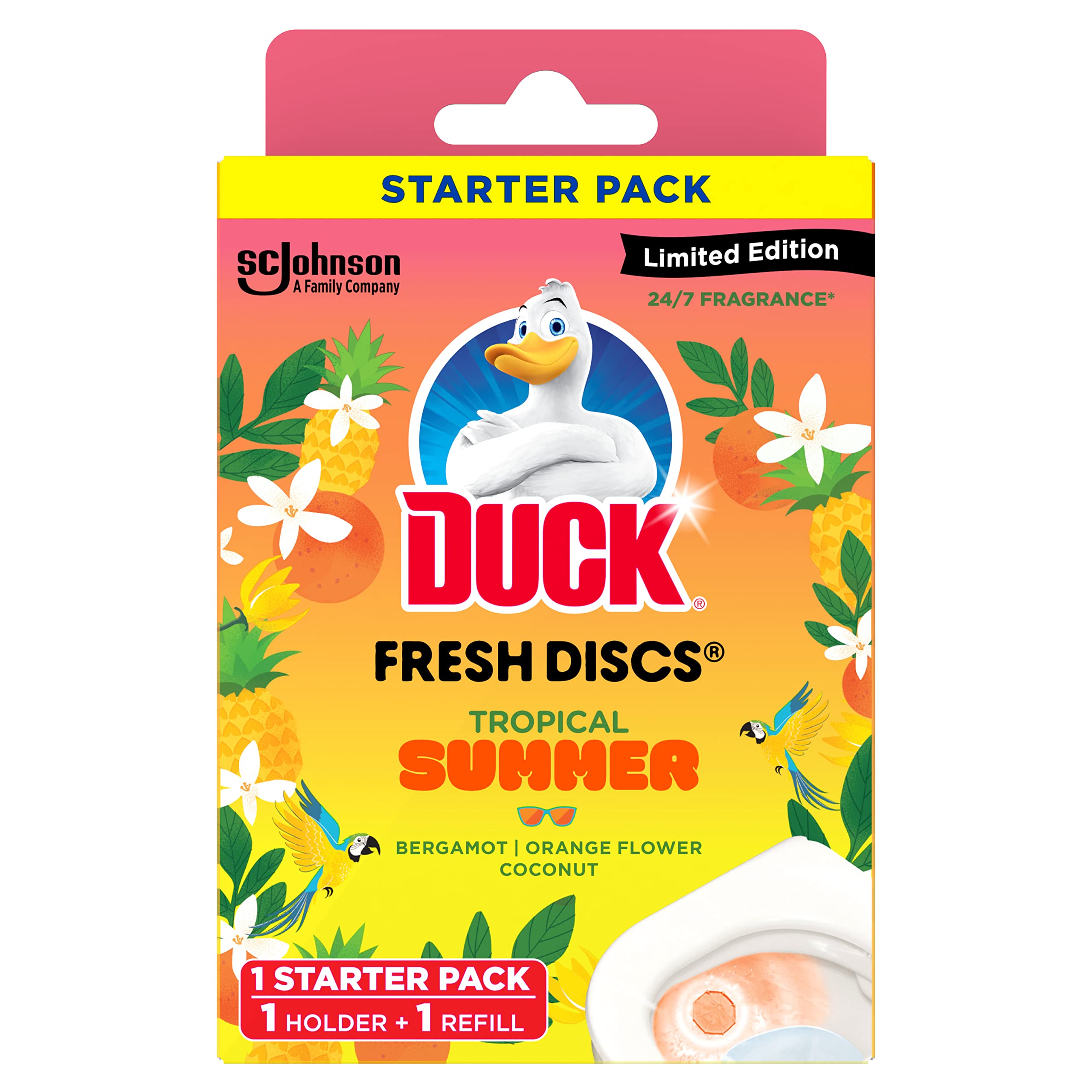 Duck Fresh Discs Toilet Cleaner Starter Kit, Each Disc Lasts up to 630 Flushes, Fights Stains That Harbour Germs, Limited Edition, Tropical Summer, Pack of 5 (Each Box Contains 1 Holder + 6 Discs)