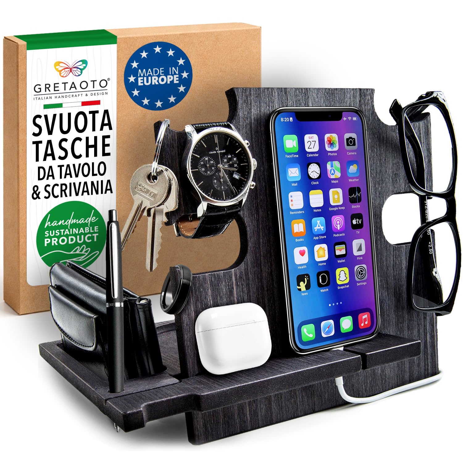 Greta Oto Svuota Tasche da Ingresso Organizer Scrivania Idee Regalo Papà Uomo Anniversario Compleanno Porta Orologi e Cellulare Tavolo e Comodino Artigianale in Legno Made in Europe (Nero)
