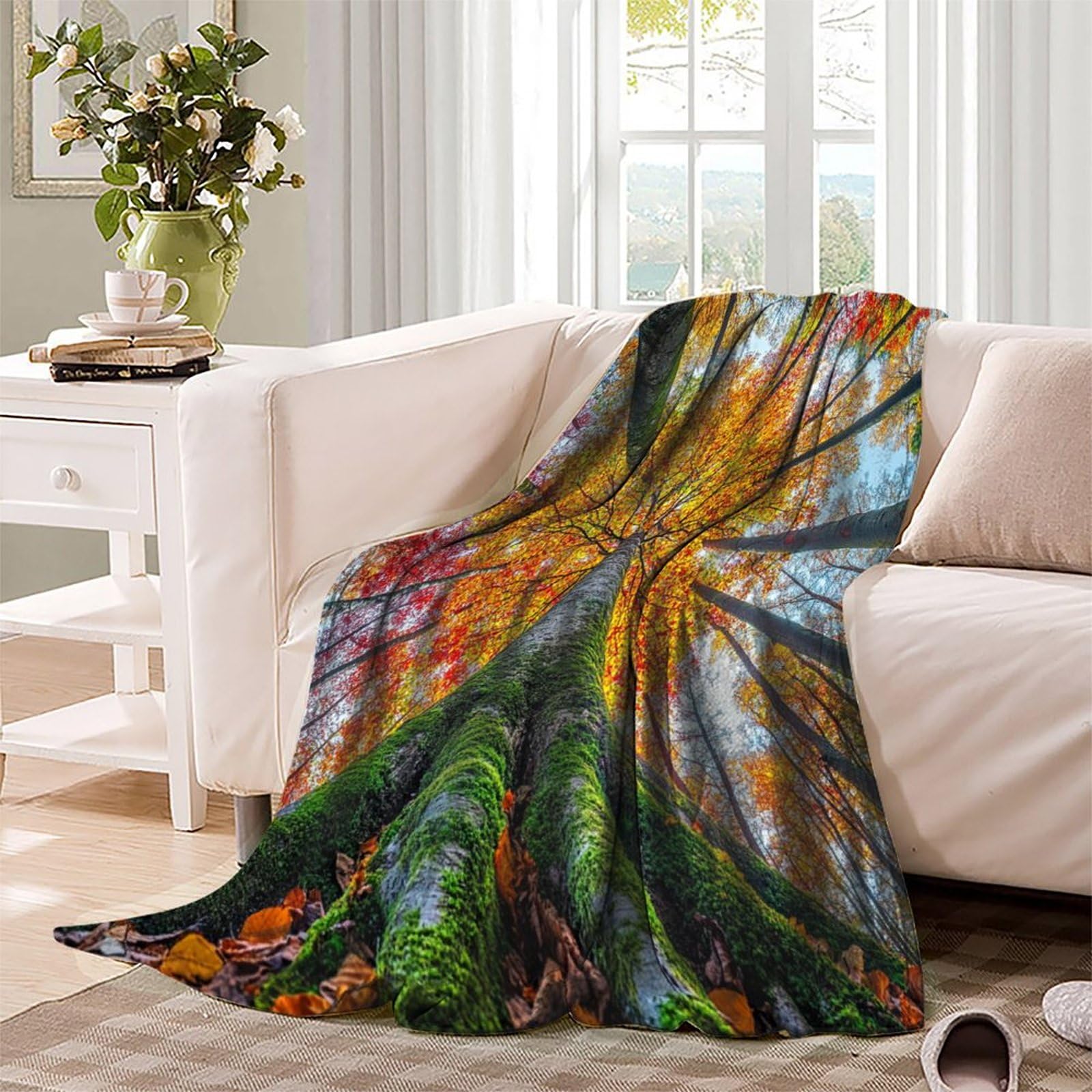 Foresta autunnale Manta Estampada 3D Alberi alti Colcha De Diseño Ropa De Cama De Microfibra Suave Y Cálida Sofá Ropa De Cama 80x90inch(200x230cm)