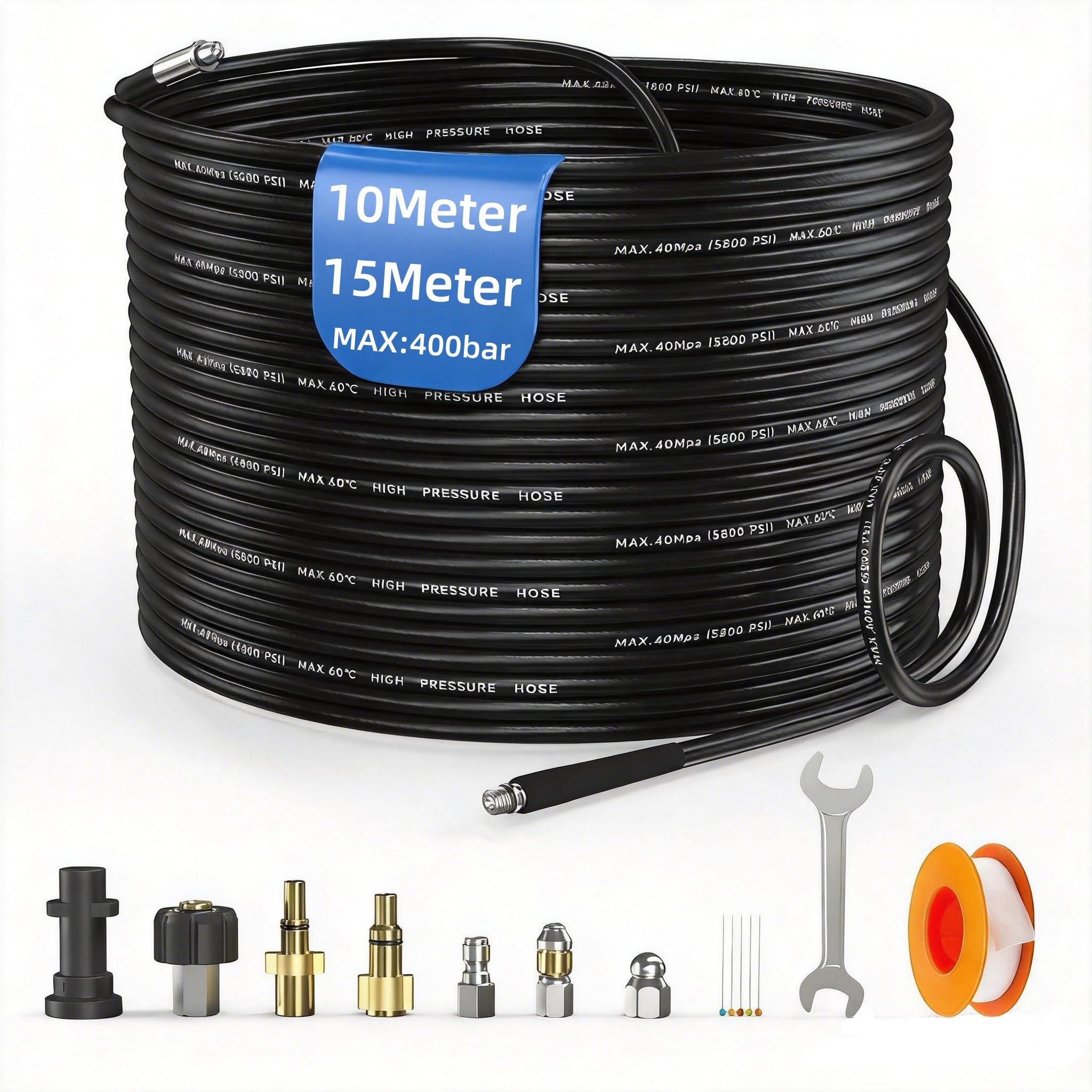 10M Kit de Desatascador Tuberias a Presion con Boquillas Rotativa, Manguera de Limpieza Profesional de Tuberías para Hidrolavadora, Aparato para Karcher Serie K2 K3 K4 K5 K6 K7, Bosch AQT, Lavor