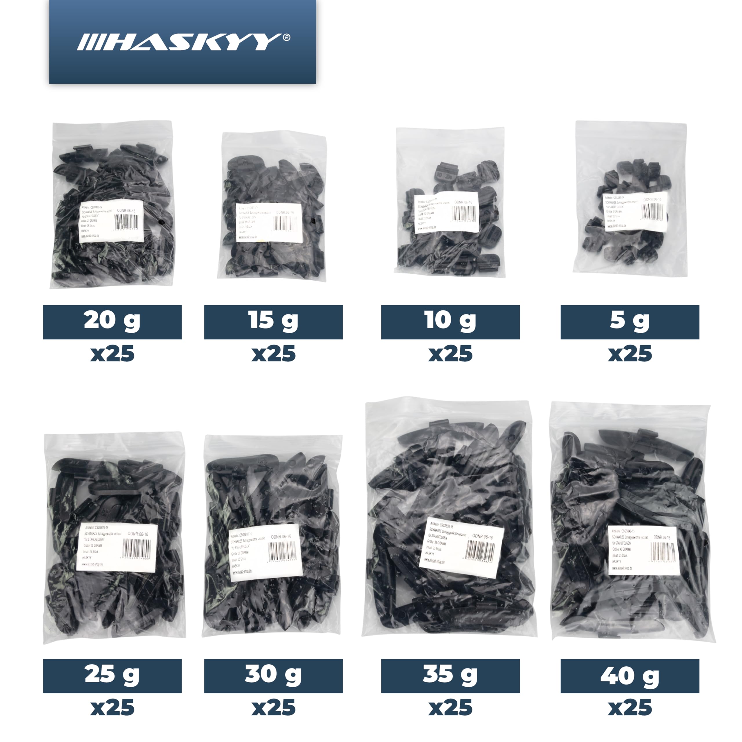 HASKYY 150 stuks. Balanceermassa, opvallend gewicht van de balans, stalen velgen, elk 25 x 5 g, 10 g, 15 g, 20 g, 25 g, 30 g