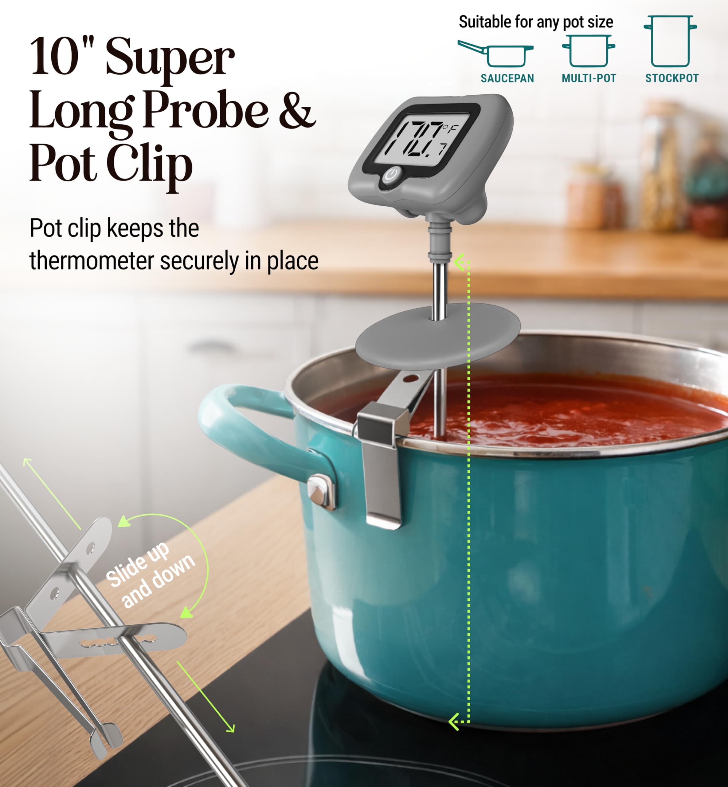 Craft911 Thermomètre de cuisine numérique avec manique, lecture instantanée pour la cuisine, la pâtisserie et la pâtisserie - 10 sondes en acier inoxydable - Écran LCD - Outils et