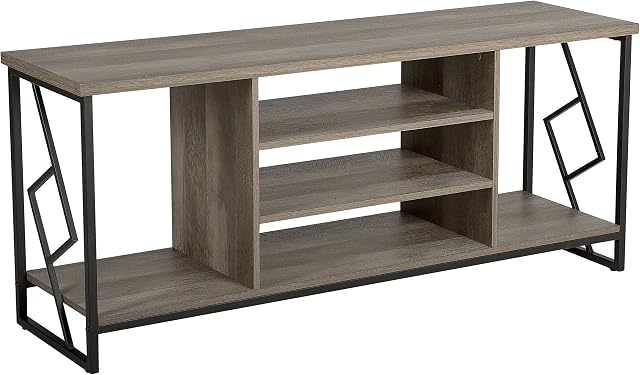 Modern Industrial TV Stand Open Shelves Dark Wood Finish Metal Frame Forres