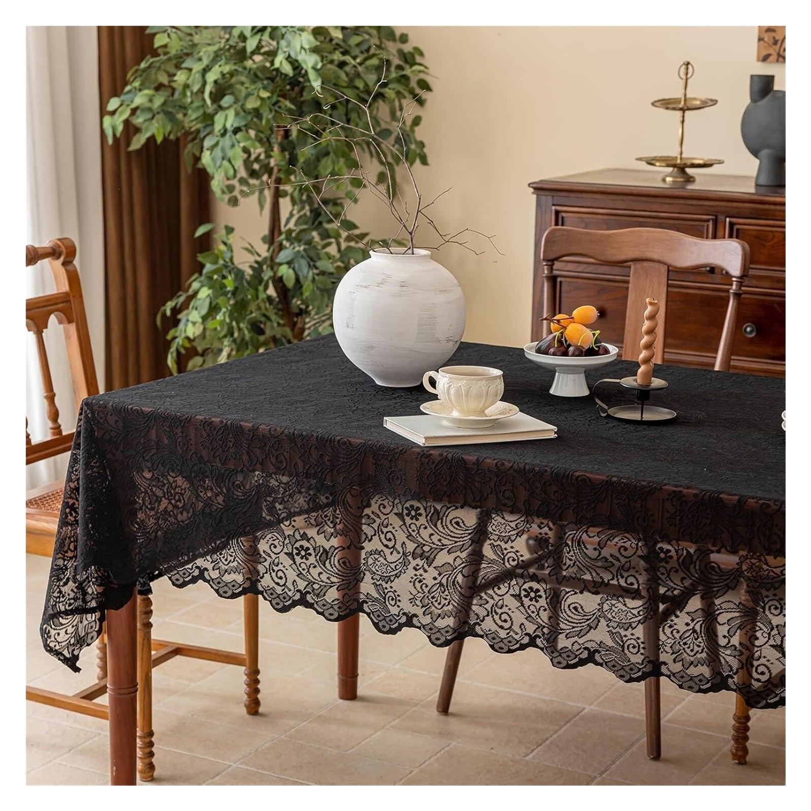 NJIEzhao Embroidered Lace Tablecloth 1PC Black Lace Tablecloth Phoenix Tail Flower Embroidery Wedding Outdoor Party Home Decor(140x100cm)