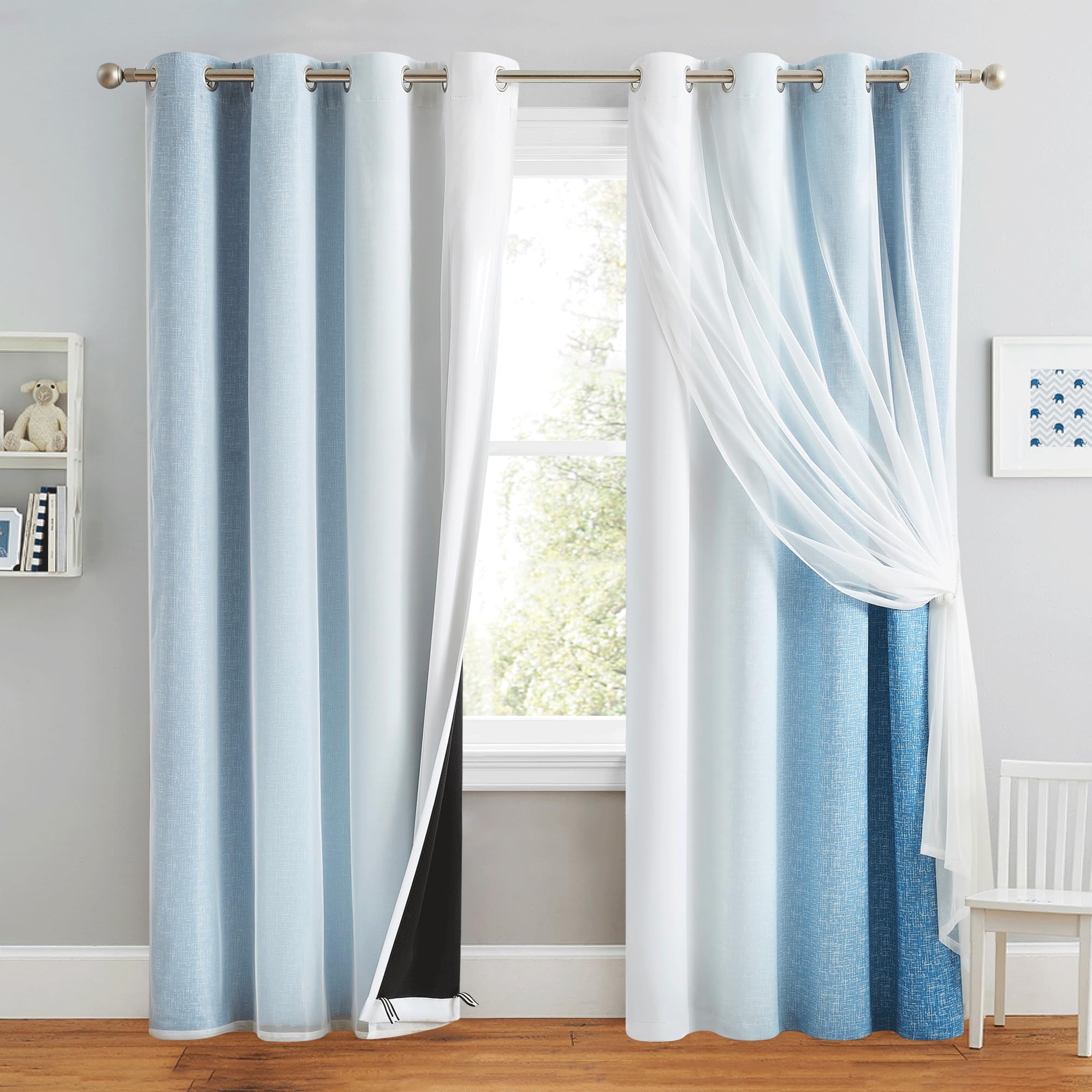 Geomoroccan Ombre Blackout with White Lace Sheer Elegant Layered Curtains,Mix and Match Grommet Thermal Insulated Curtain for Bedroom and Living Room 2 Panels (52"x84",Blue and White)