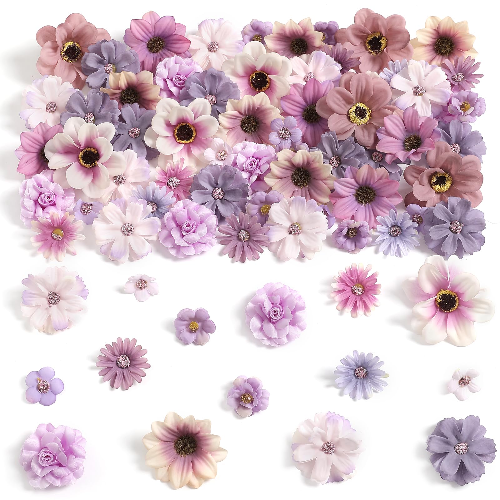 GAATEEK 90 Pcs Mini Artificial Silk Flower Heads - Purple Peony, Daisy, Rose Floral Appliques for Spring Summer Crafts | DIY Wreath Accessories for