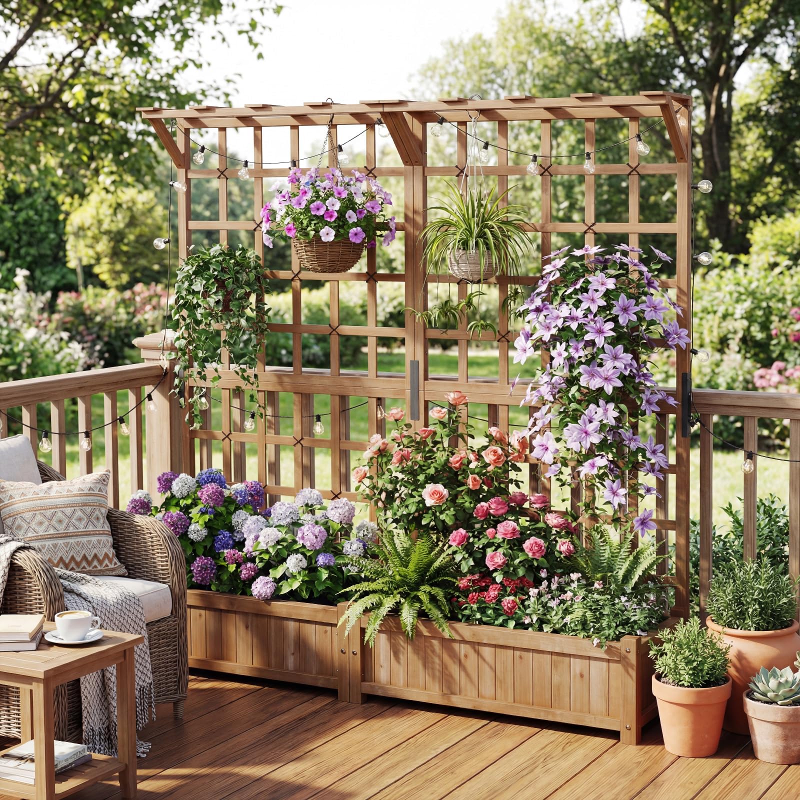 HOMASIS 3 en 1 Lit de Jardin Surélevé en Bois avec Treillis, Jardinière d’Extérieur avec Trous de Drainage et Bac à Plantes, pour Plantes Grimpantes, Légumes, Fleurs, 180 x 48 x 183 cm (Marron)