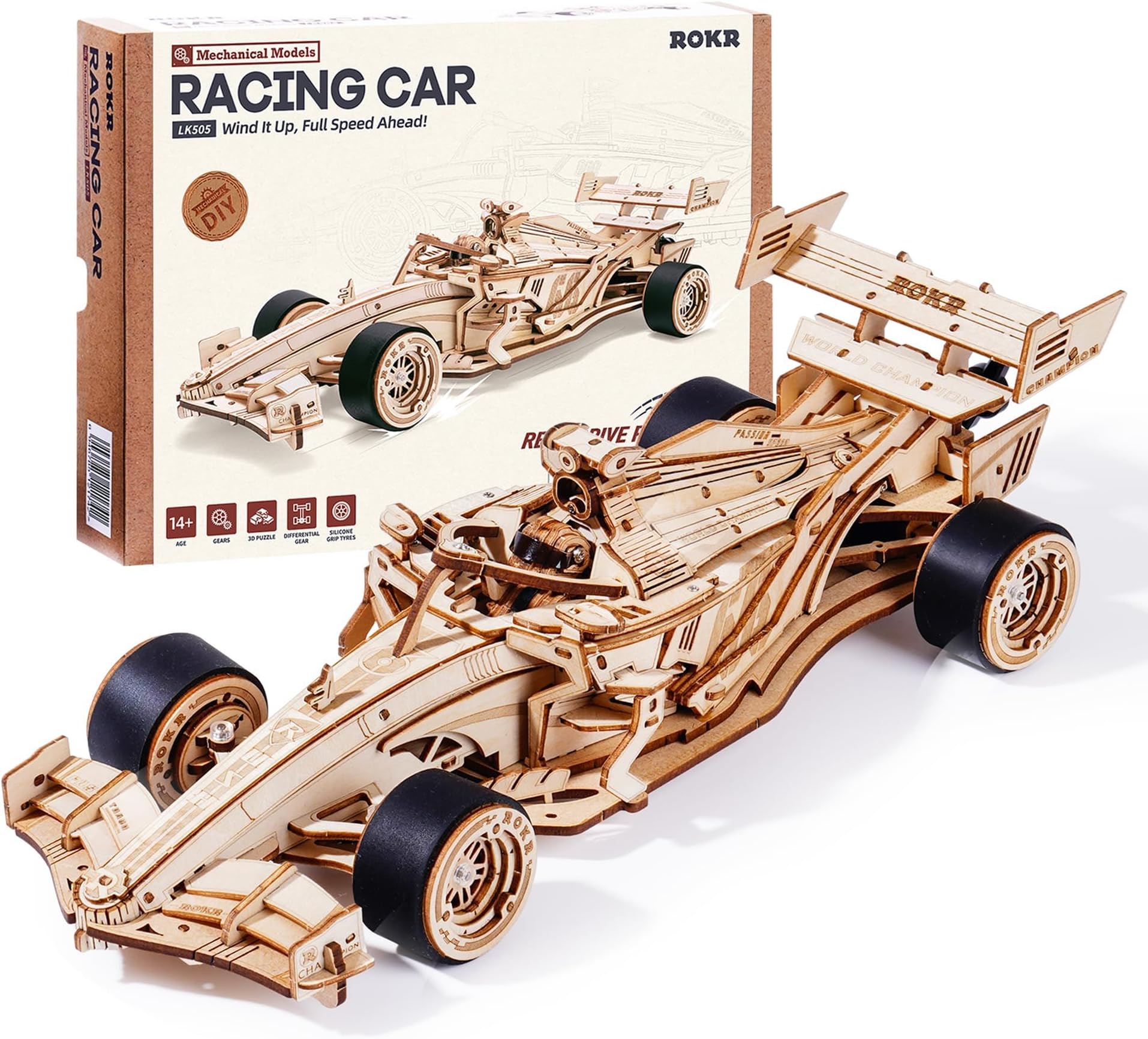- ROKR 3D Wooden Puzzle 1:18 Scale Formula Racing Cars for Adults, 5 Hour Build, Wind up Toys Model Car Kits for Adults to Build, Ideal Gift for Boys and Men