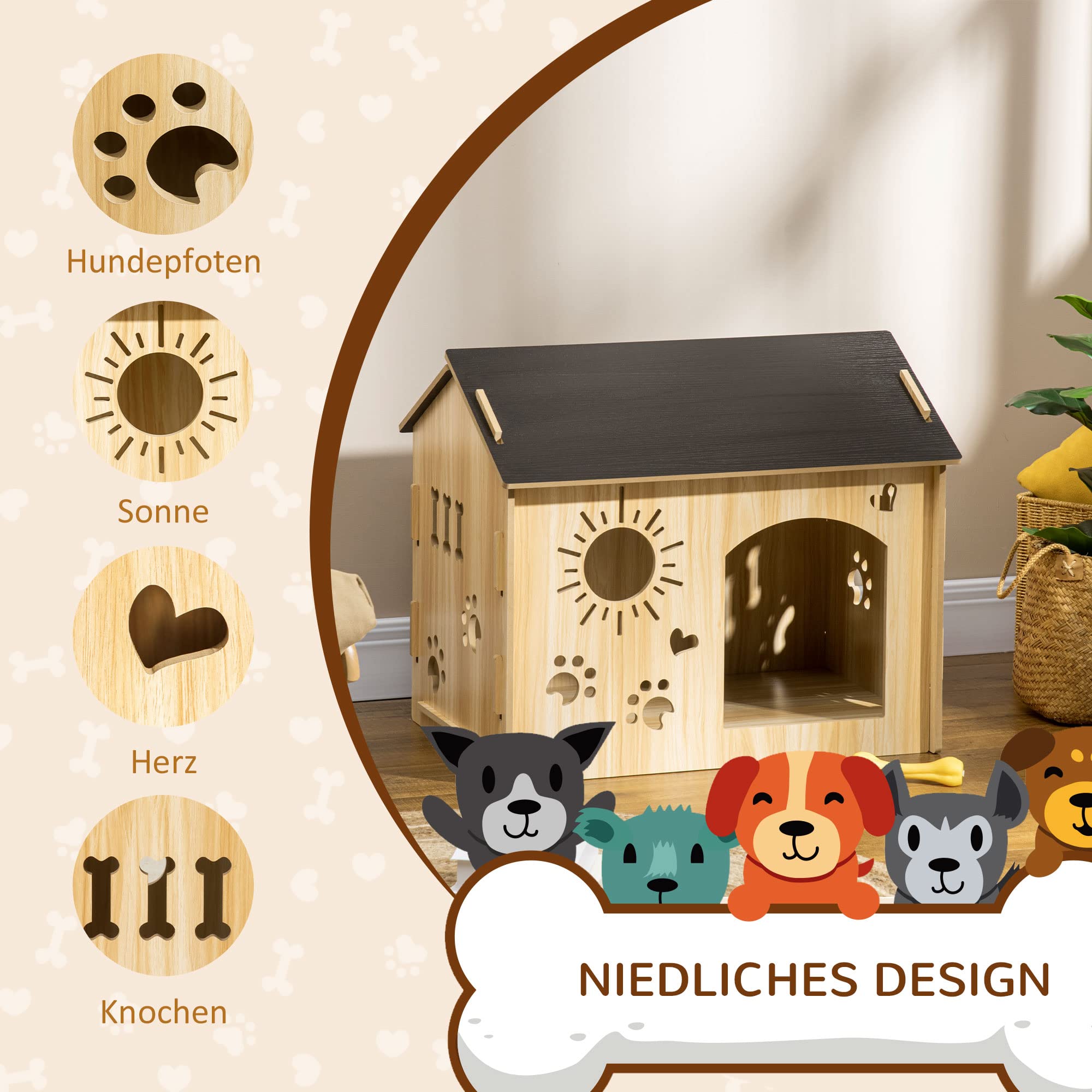 PawHut Hundehütte aus Holz Katzenhaus mit Lüftungsöffnungen niedliches Pfoten-Design Dach Indoor Hundehöhle Haustierhaus für Katzen, Welpen